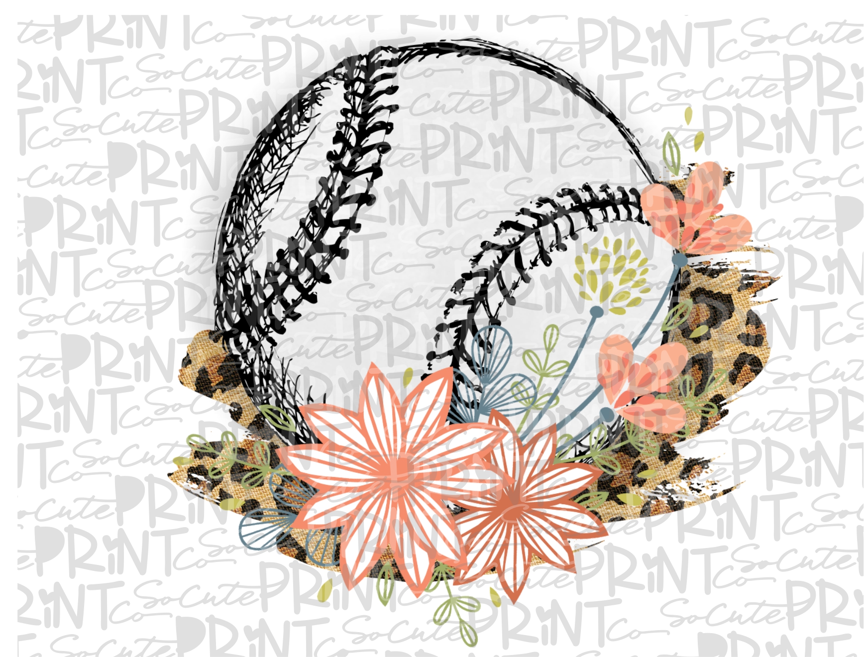Baseball orange floral leopard 18 *Printable PNG* – socuteappliques.net