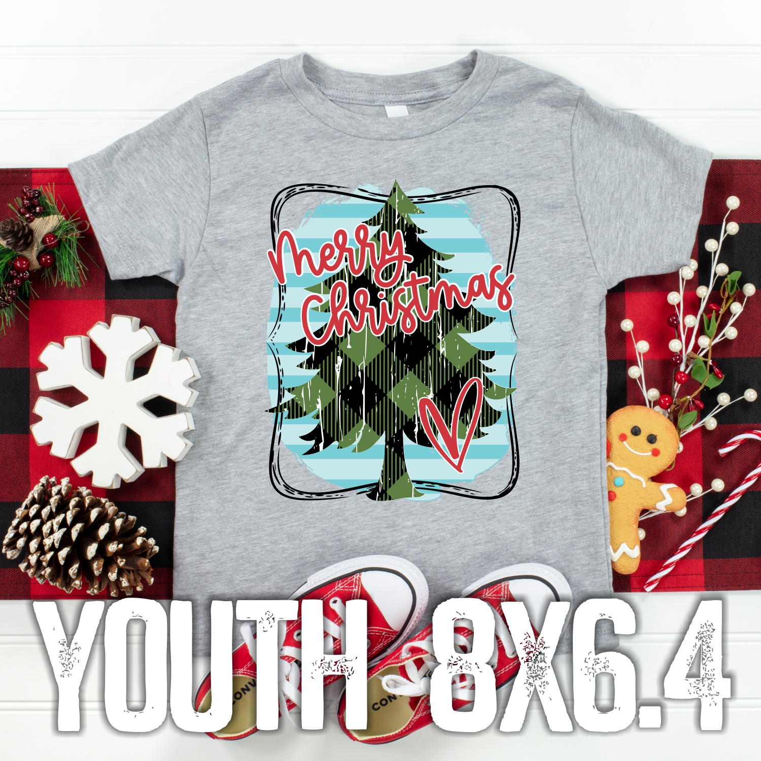 Merry Christmas plaid tree on BLUE *YOUTH*  (High heat SOFT INK)