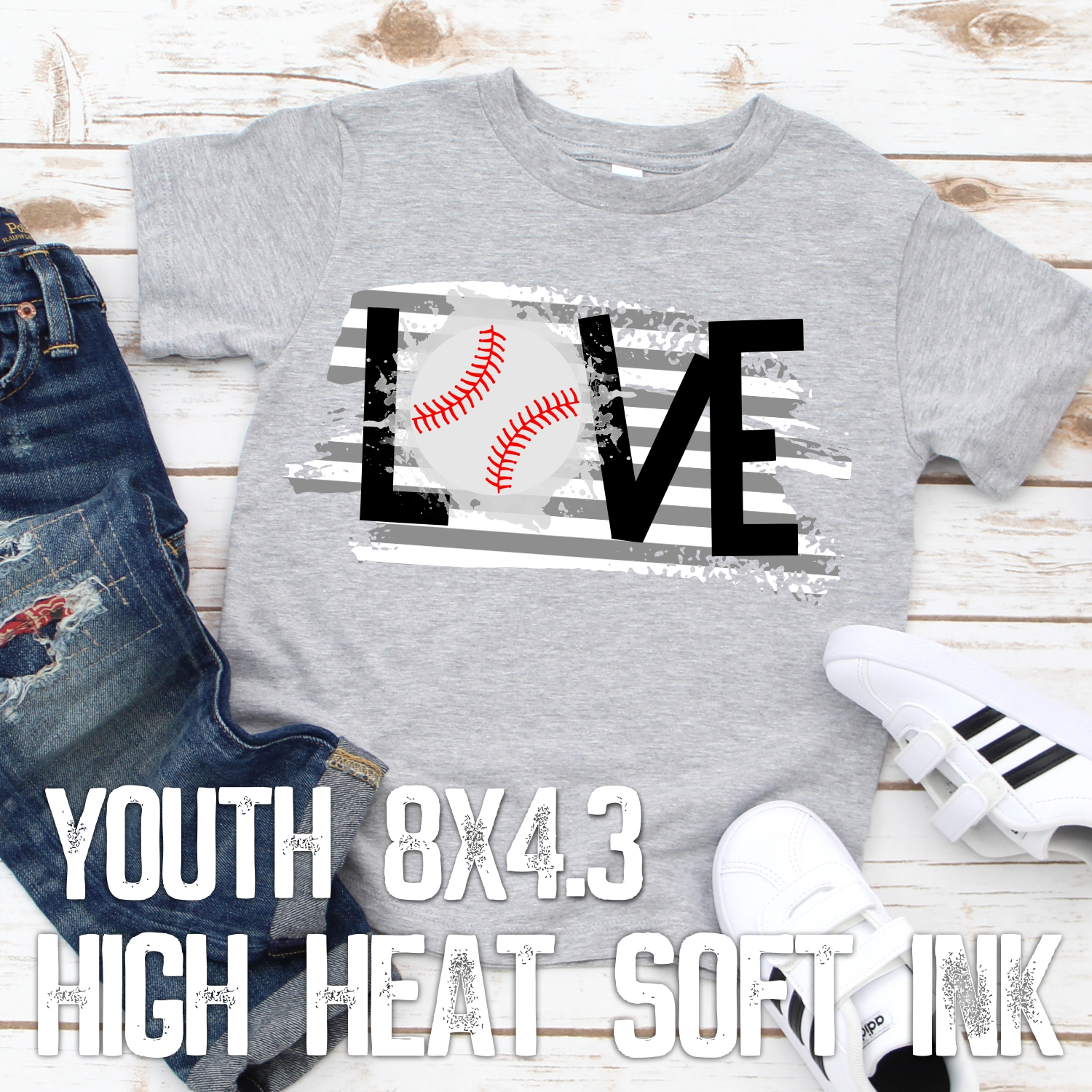 Love baseball on stripe *YOUTH*  (High Heat SOFT INK)