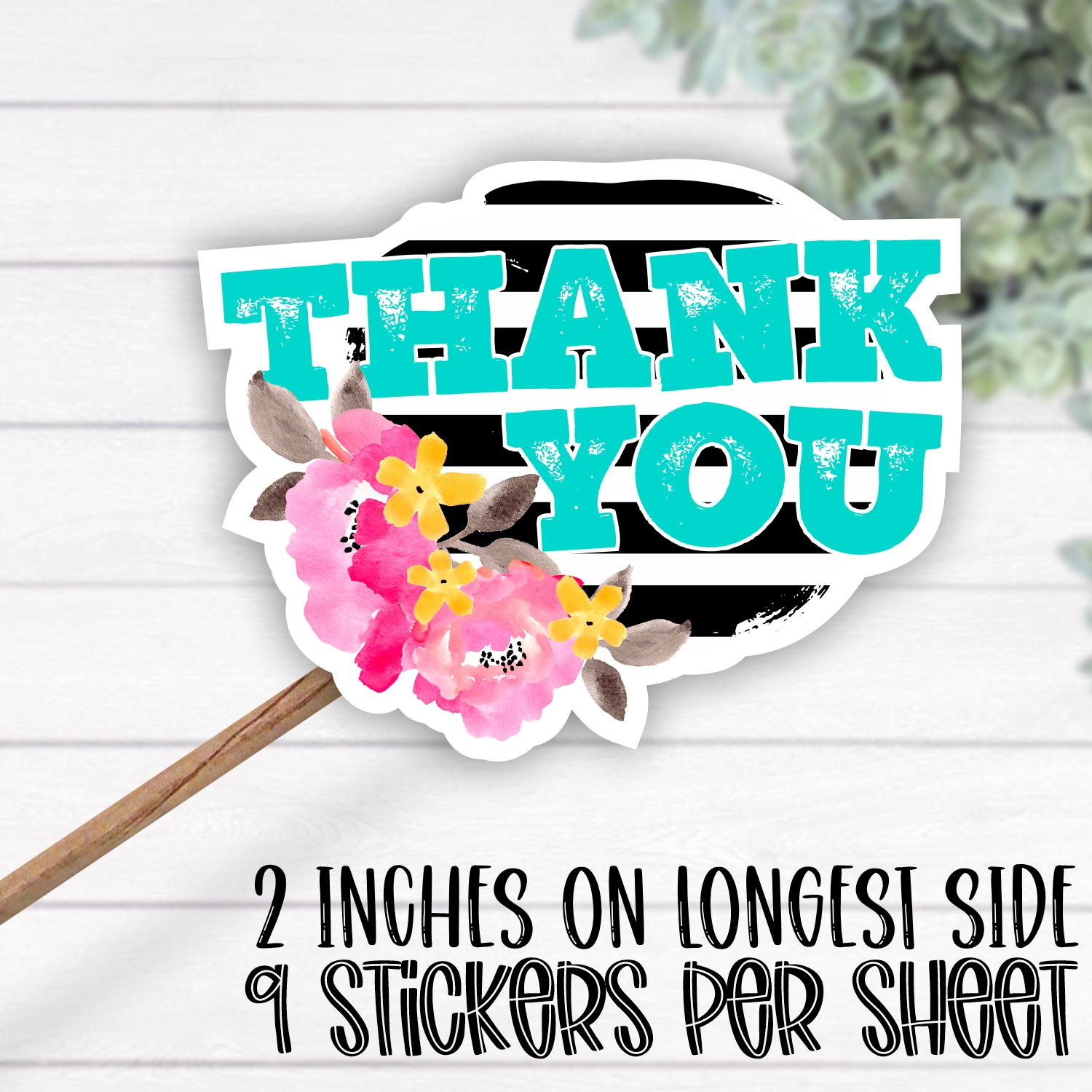 *STICKER SHEET* Thank you flowers turquoise on black stripe