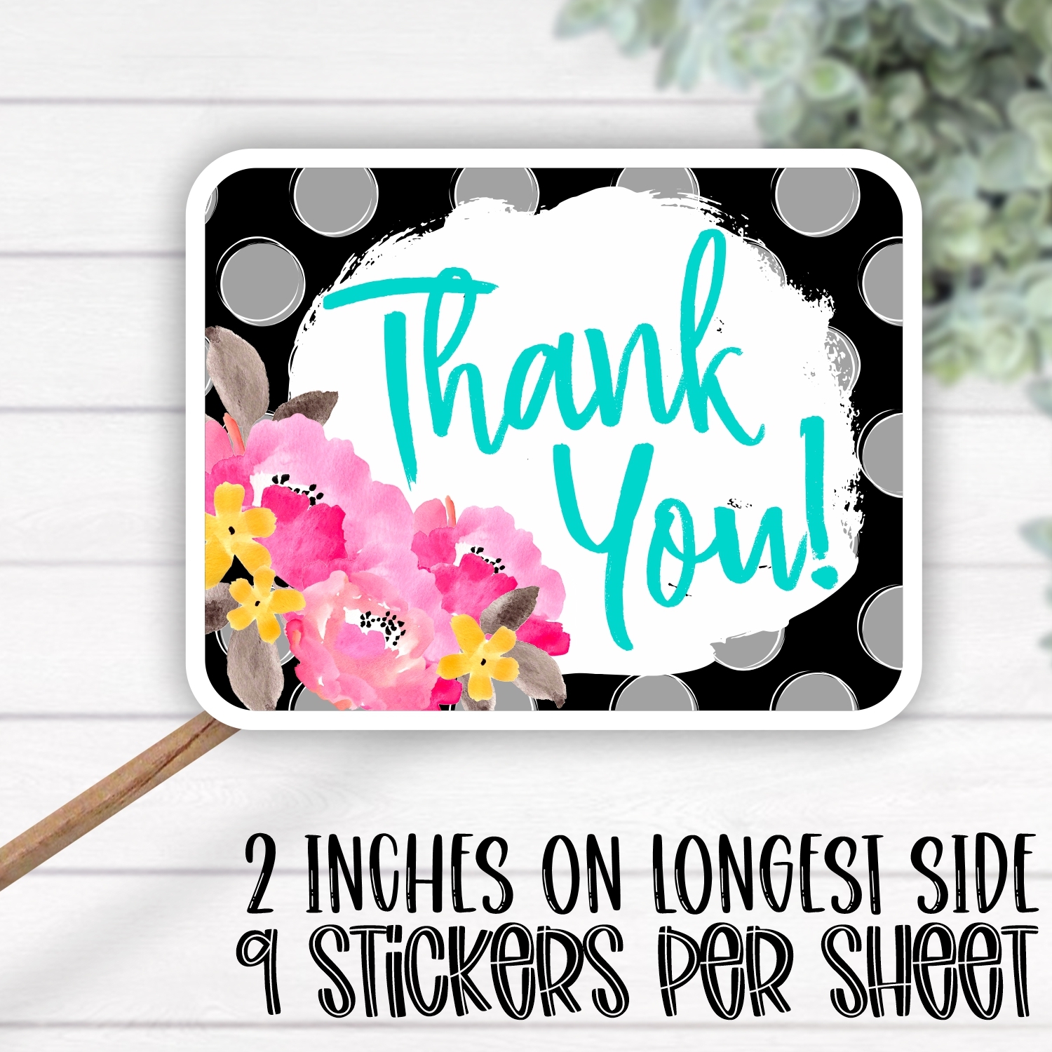 *STICKER SHEET* Thank you flowers black DOTS rectangle