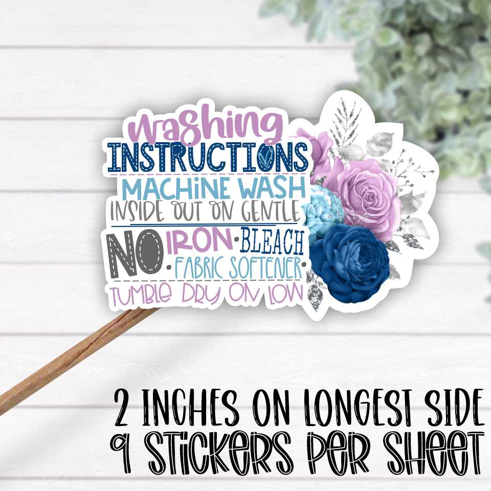*STICKER SHEET* Washing Instructions Purple navy flowers ...