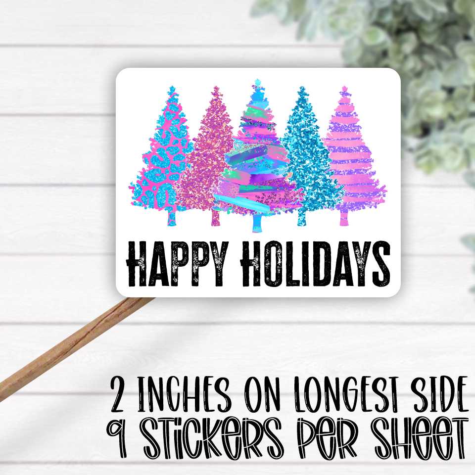 *STICKER SHEET* Happy Holiday multi plaid pink purple trees