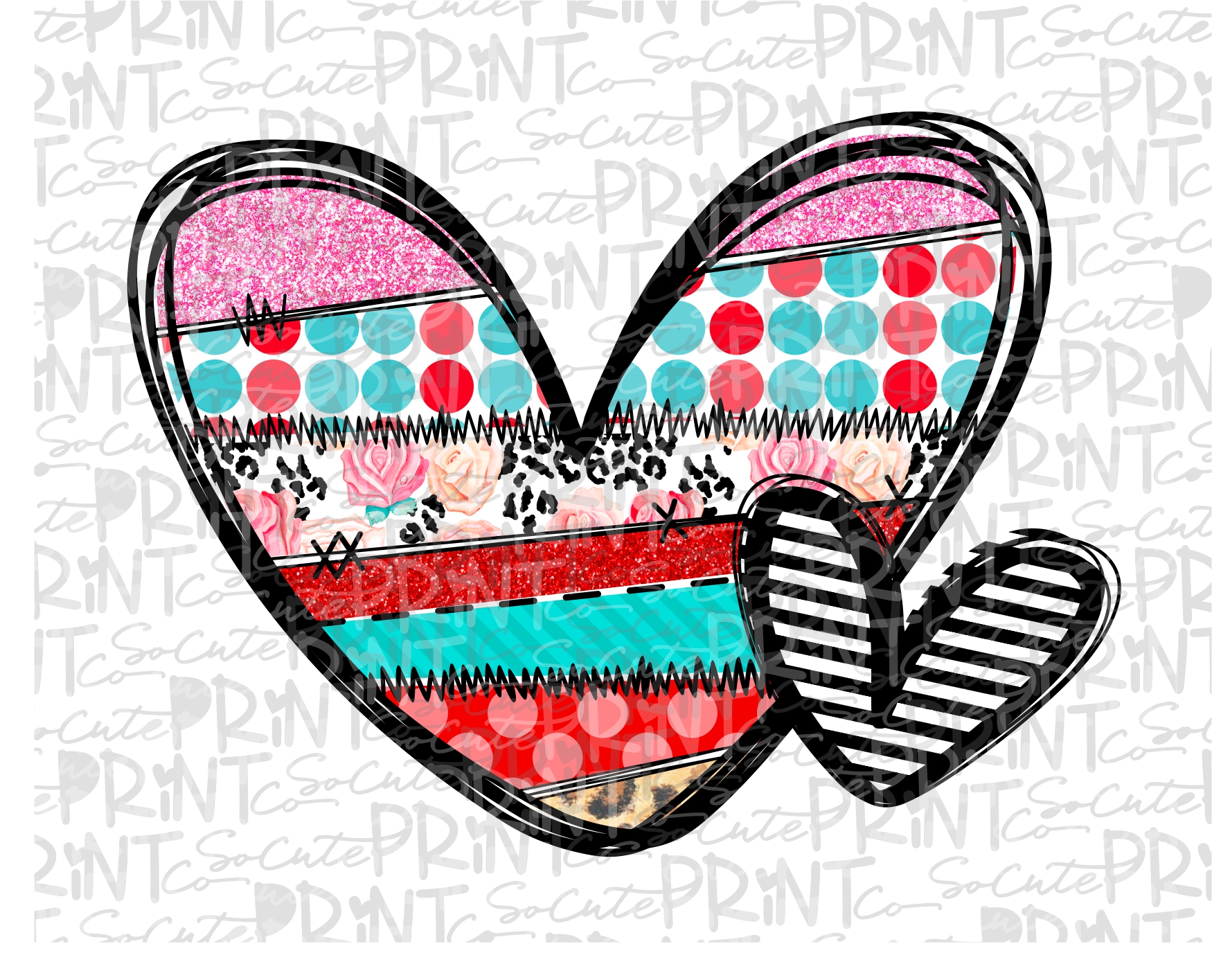 Patchwork double heart *Printable PNG* – socuteappliques.net