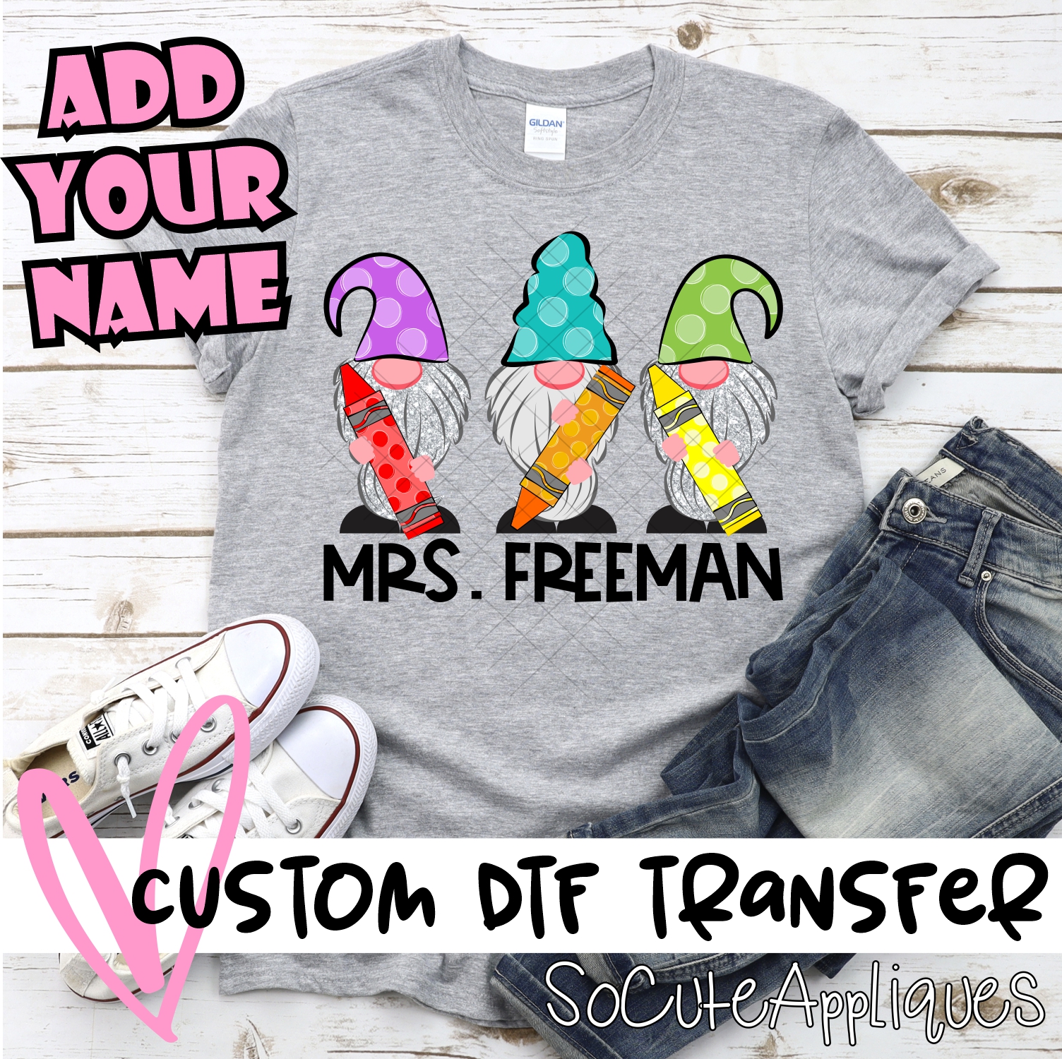 CUSTOM  Back to school gnomes crayons with name *DTF* Transfer