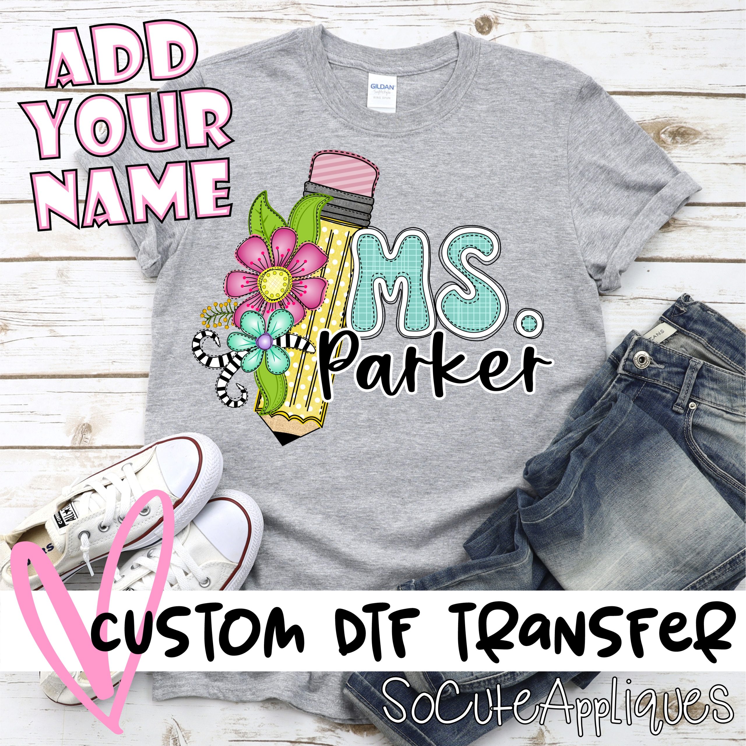 CUSTOM Yellow pencil with flowers Ms. *DTF* Transfer - Image 3