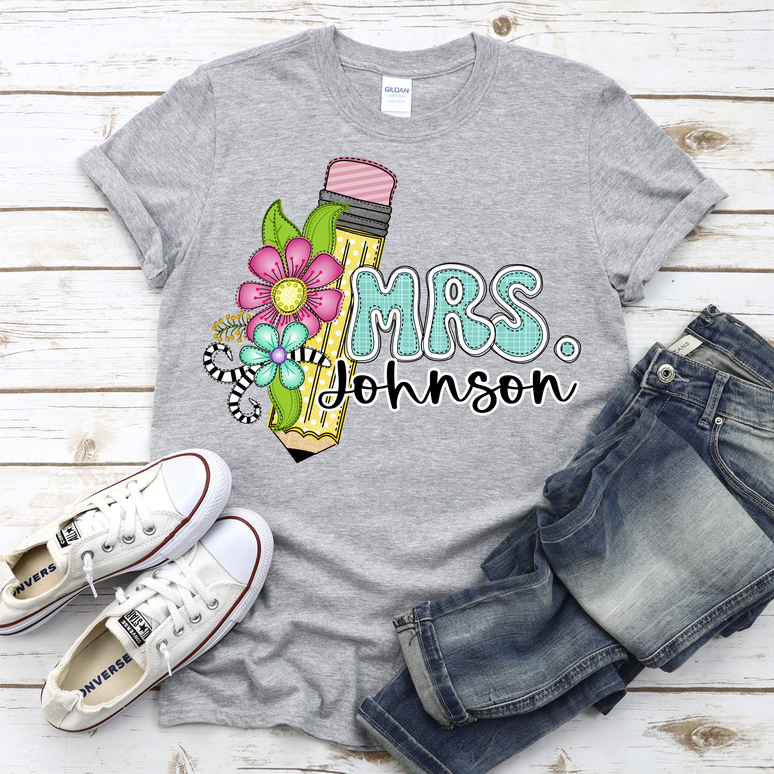 CUSTOM Yellow pencil with flowers Mrs. *DTF* Transfer - Image 2