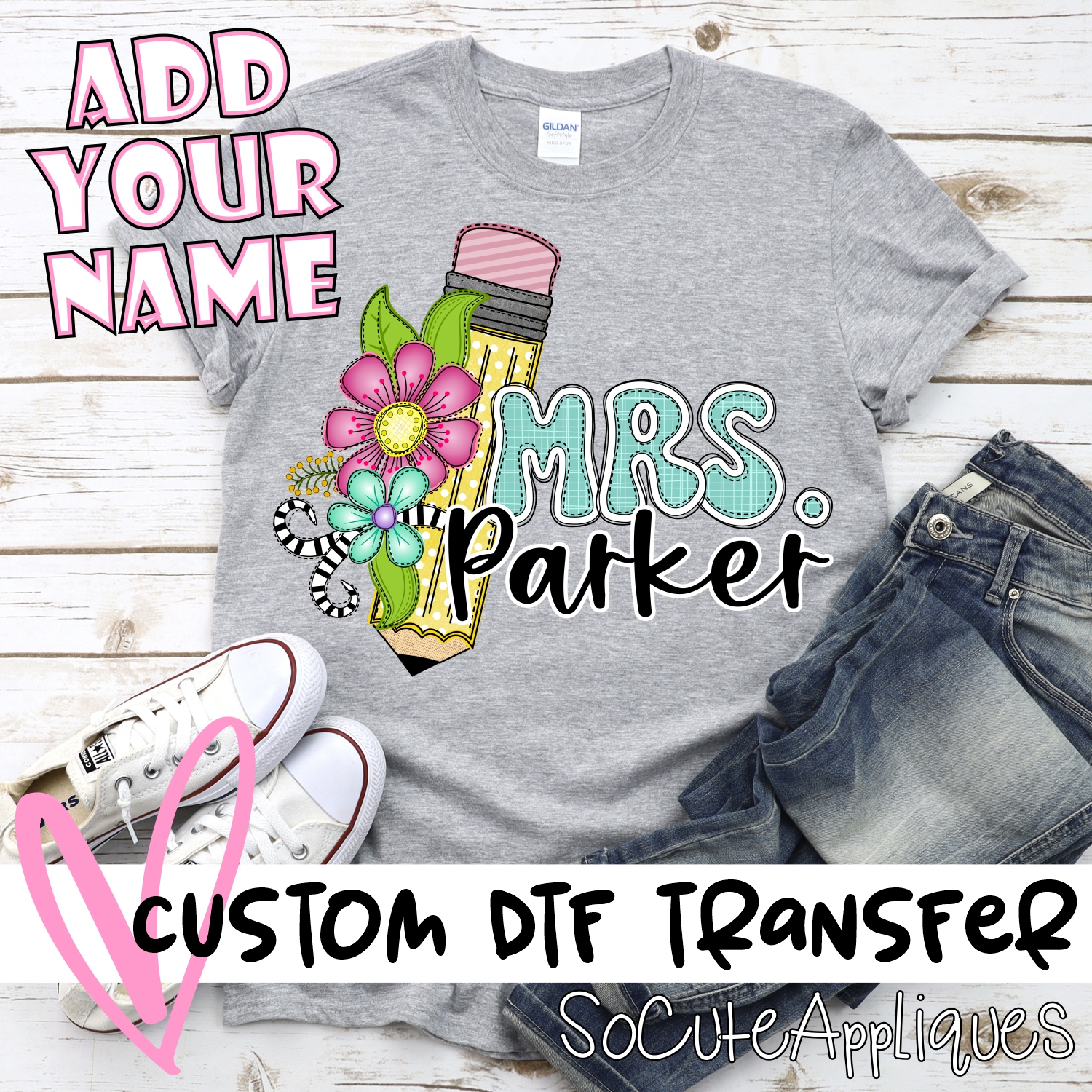 CUSTOM Yellow pencil with flowers Mrs. *DTF* Transfer - Image 3