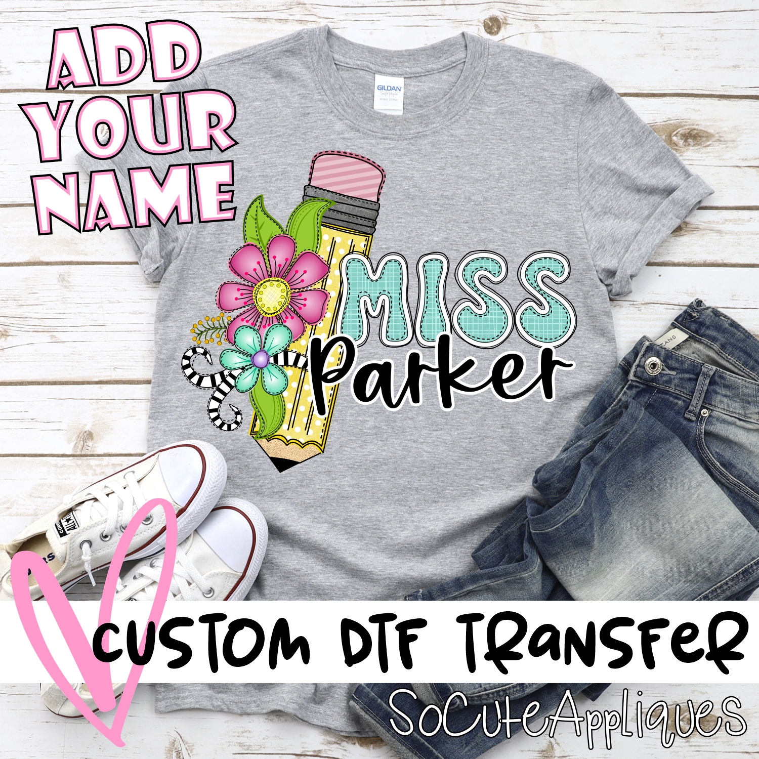 CUSTOM Yellow pencil with flowers Miss *DTF* Transfer - Image 2