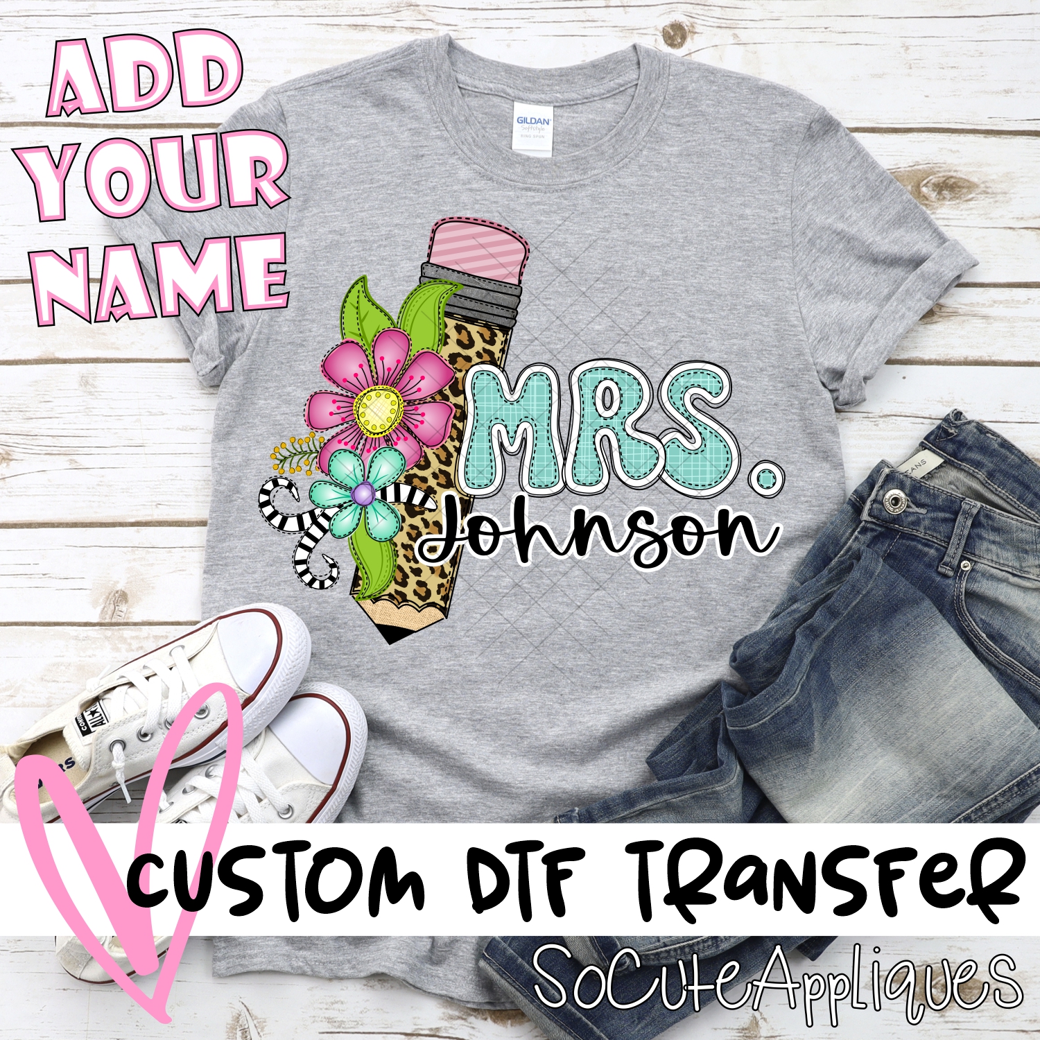 CUSTOM Leopard pencil with flowers Mrs. *DTF* Transfer