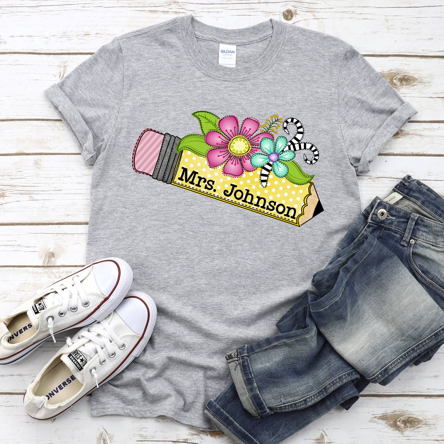 CUSTOM Yellow pencil with flowers NAME *DTF* Transfer - Image 2