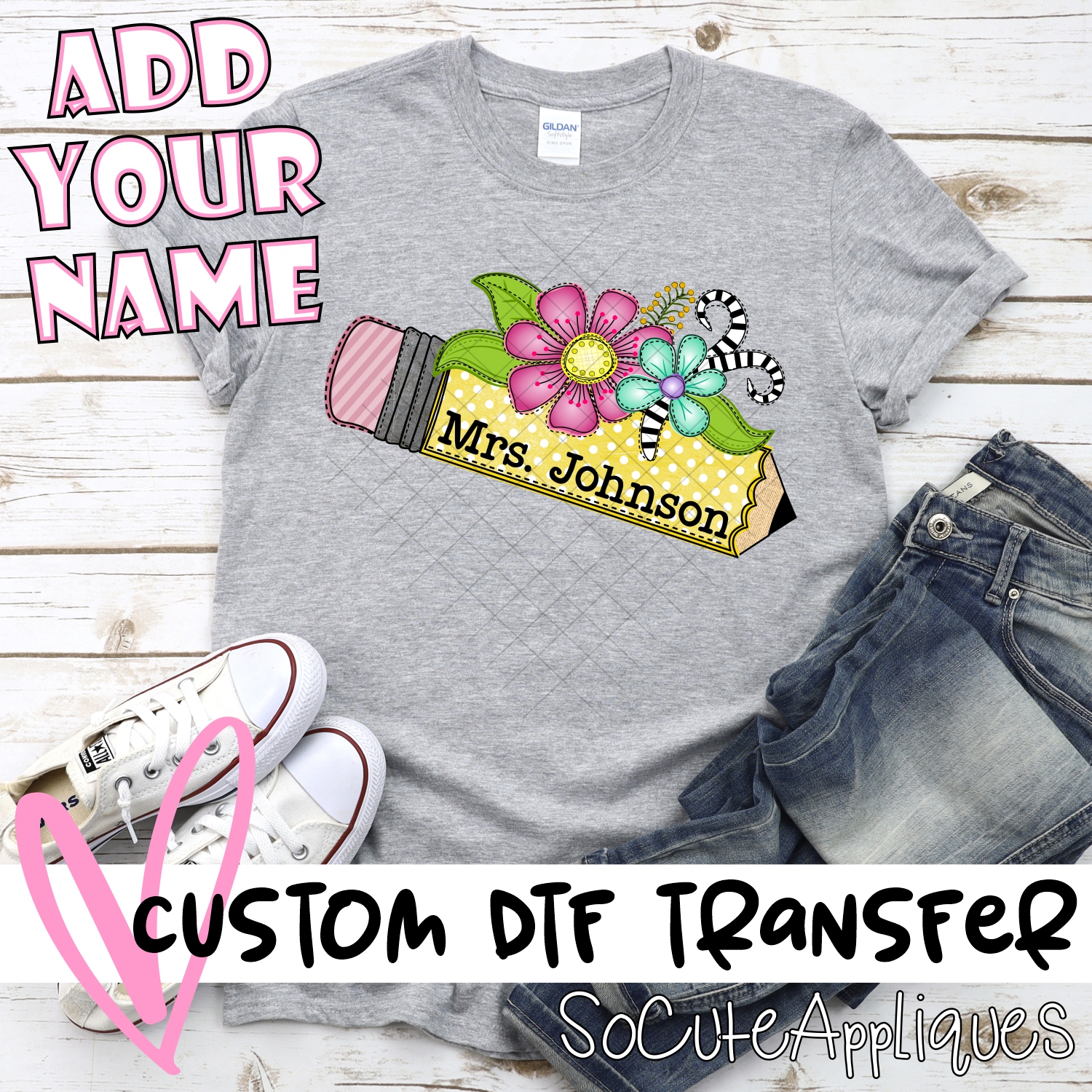 CUSTOM  Yellow pencil with flowers NAME *DTF* Transfer