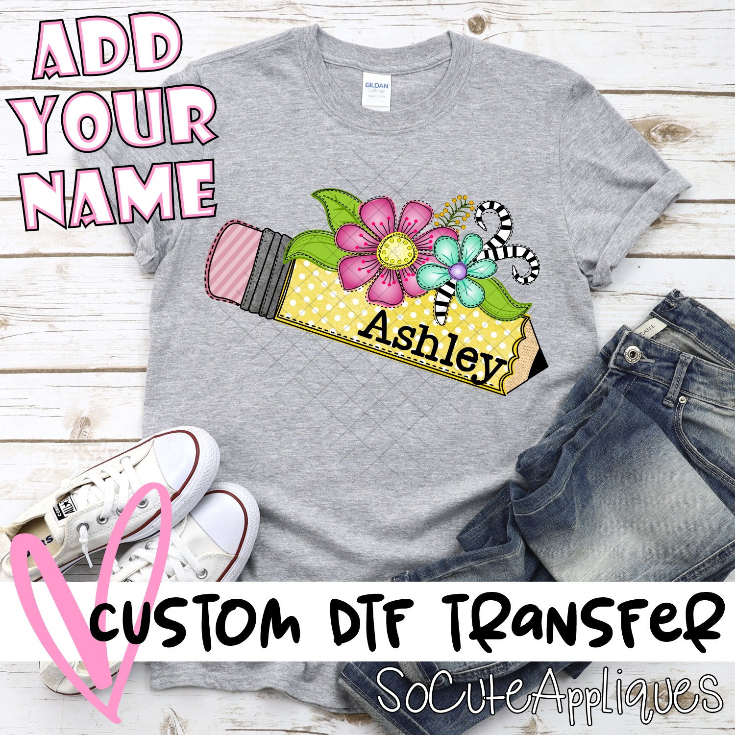 CUSTOM Yellow pencil with flowers NAME *DTF* Transfer - Image 4