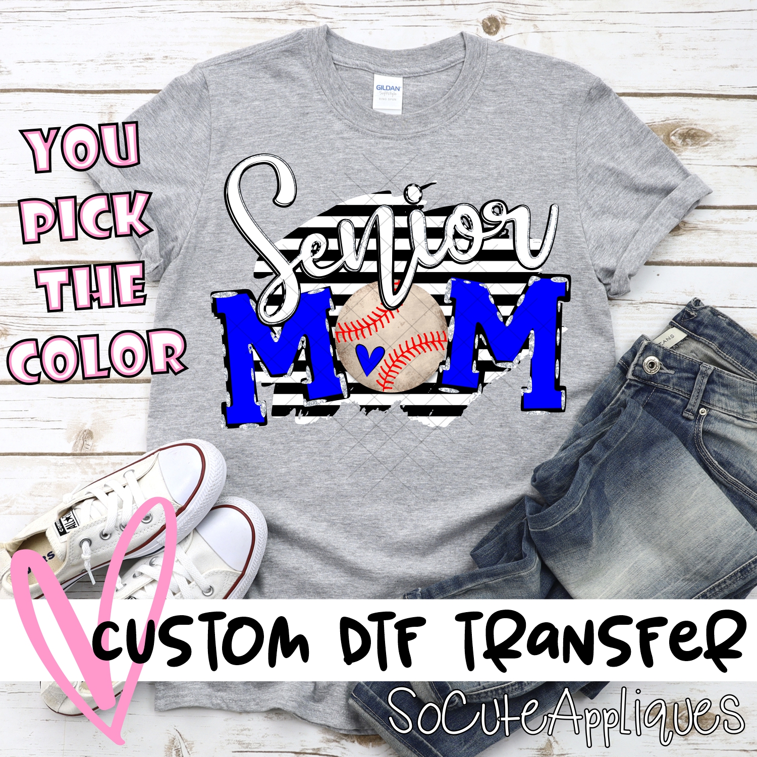 CUSTOM  Senior Baseball Mom ball O on black stripe *DTF* Transfer