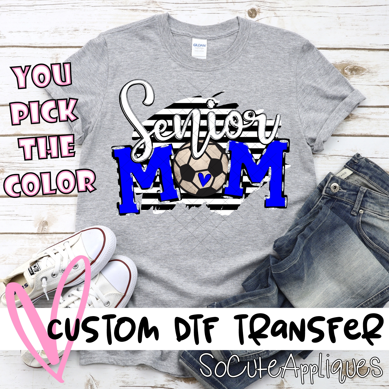 CUSTOM Senior Soccer Mom ball O on black stripe *DTF* Transfer