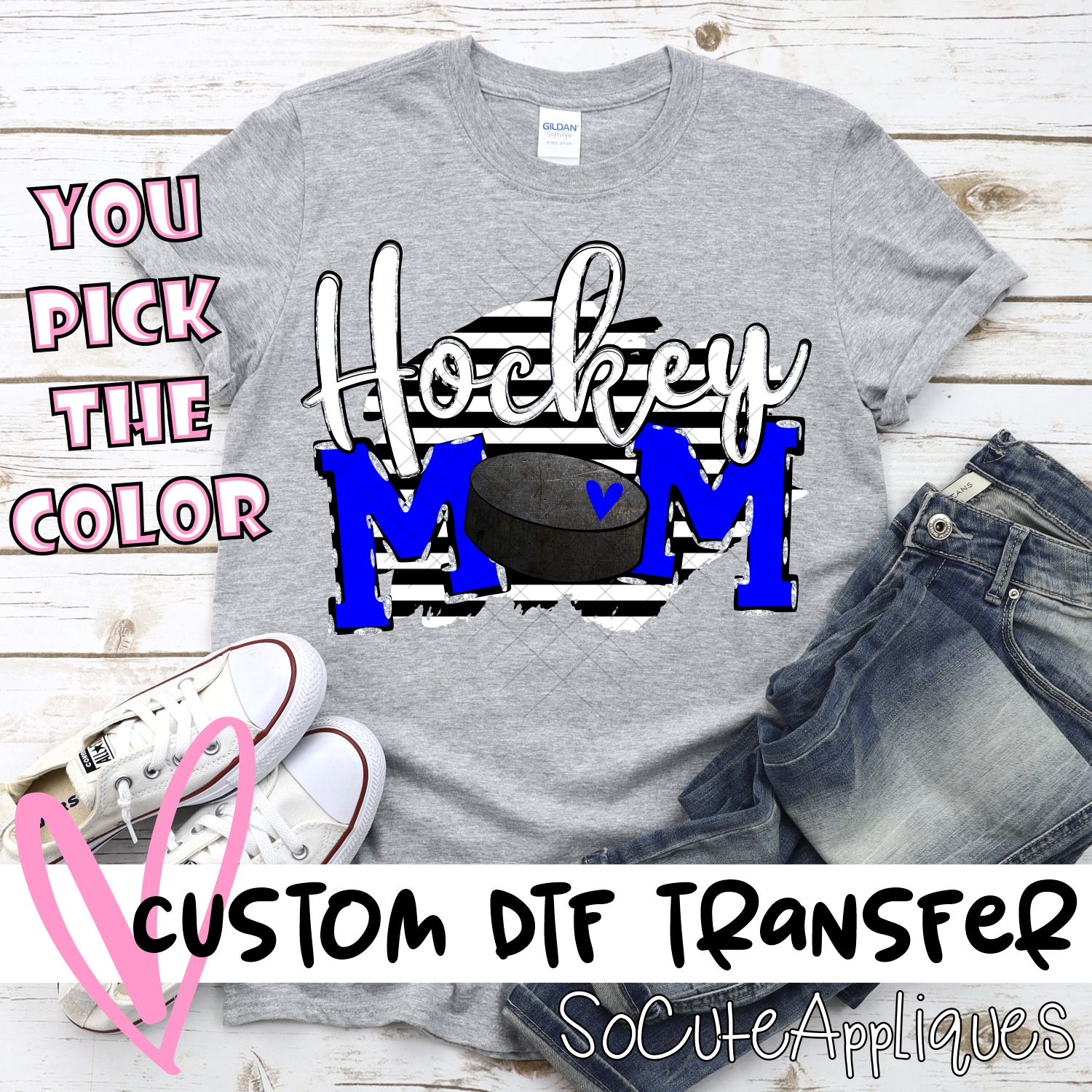 CUSTOM  Hockey mom puck O on black stripe *DTF* Transfer
