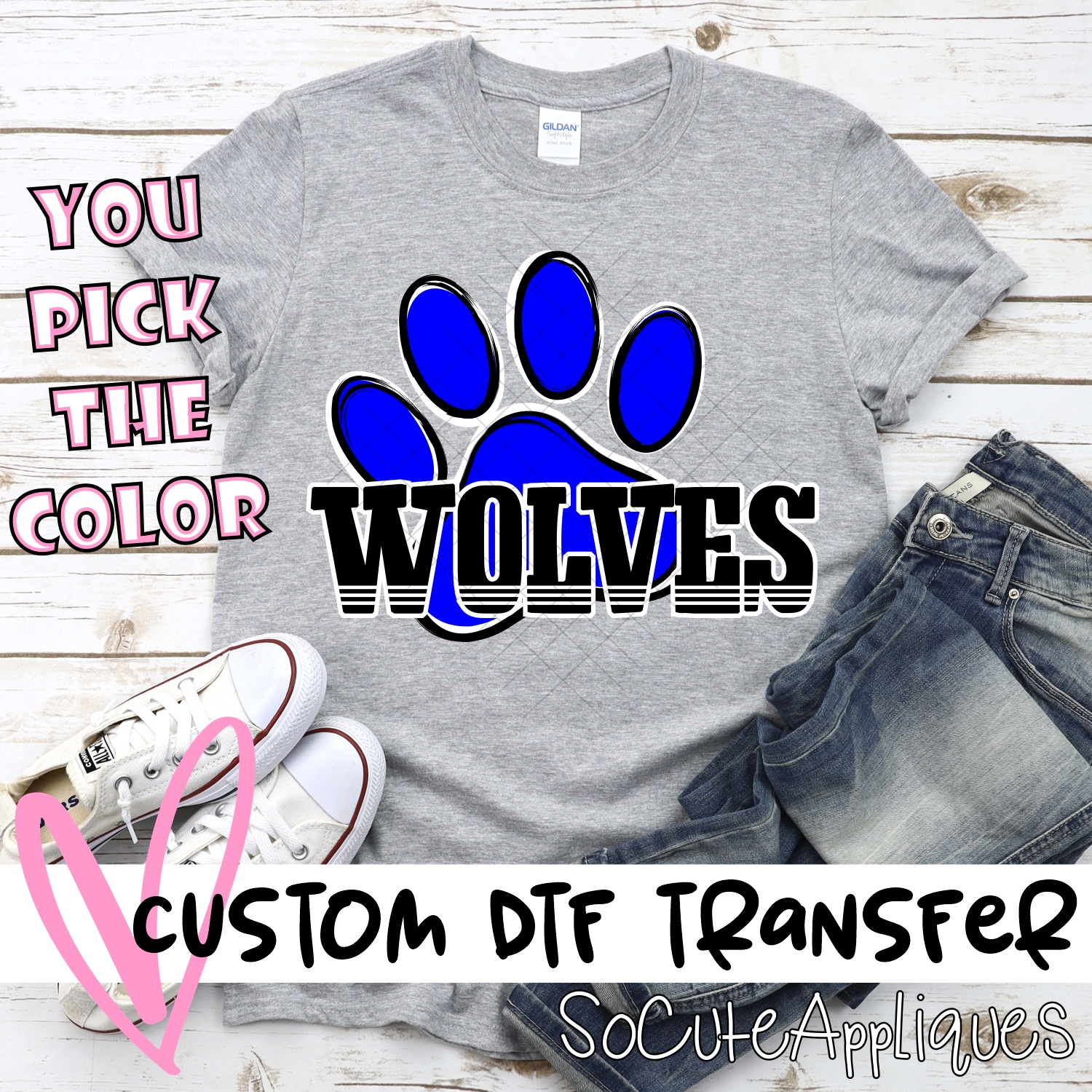 CUSTOM Wolves pawprint with word *DTF* Transfer – socuteappliques.net