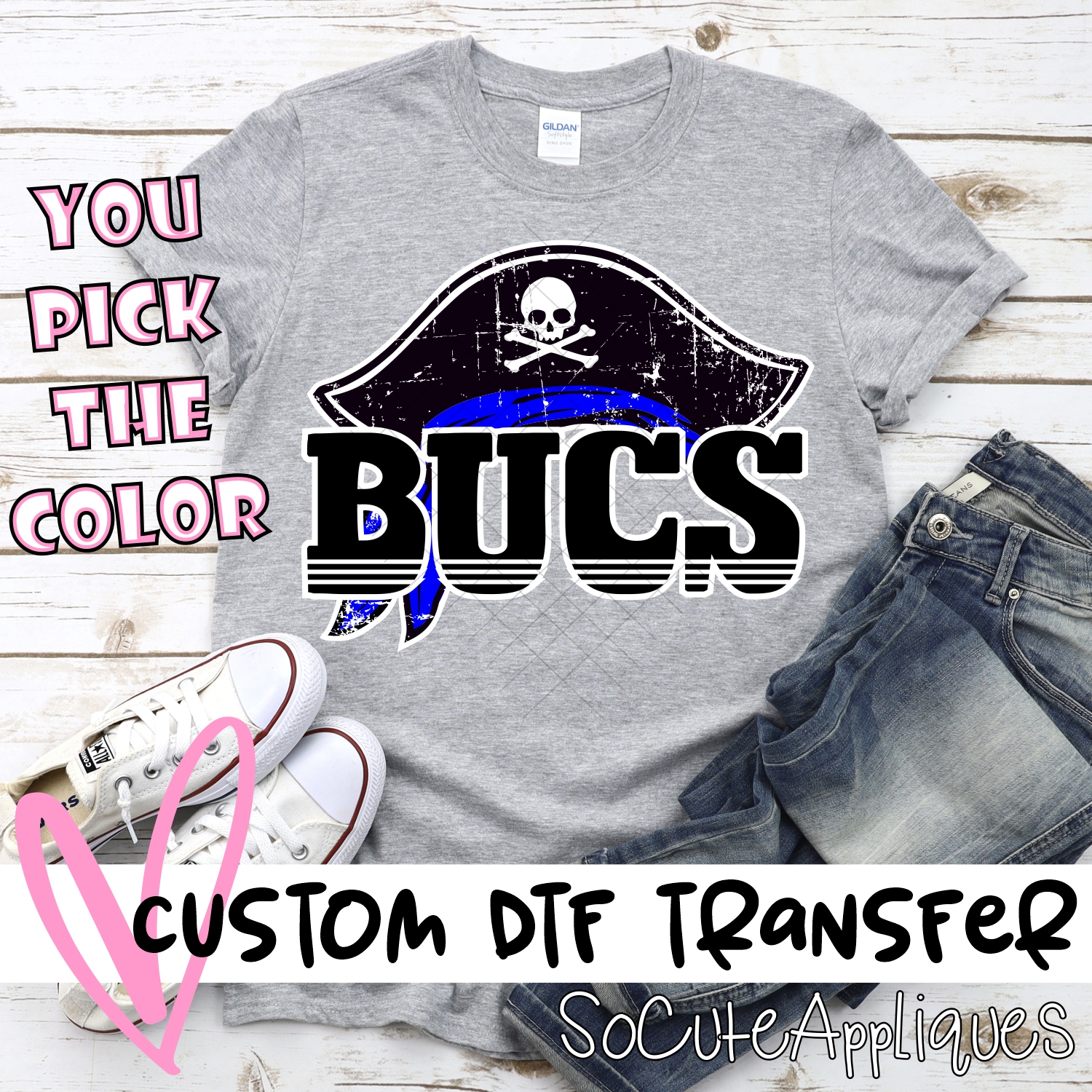 CUSTOM  Bucs head with word *DTF* Transfer