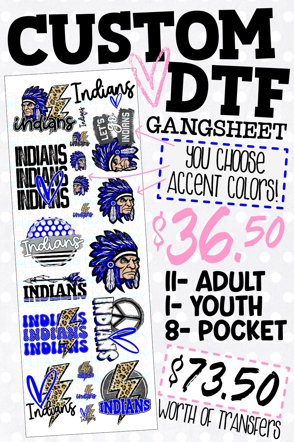CUSTOM Indians 22x60 GANGSHEET *DTF* transfers