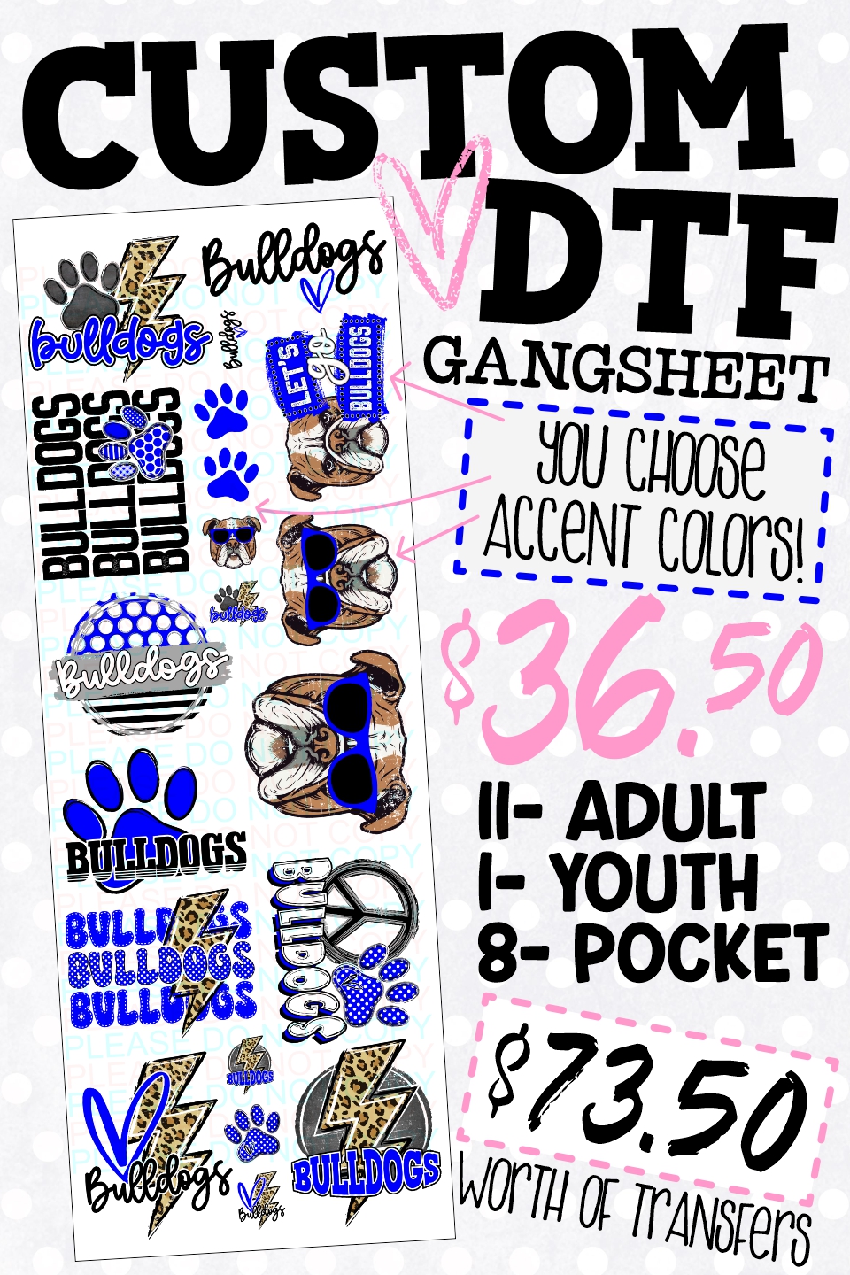 CUSTOM Bulldogs 22x60 GANGSHEET *DTF* transfers
