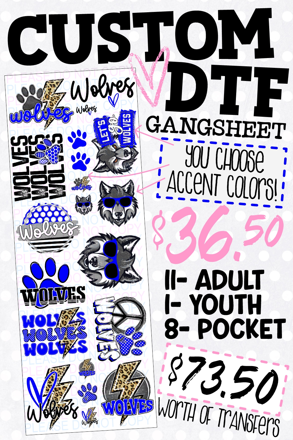 CUSTOM Wolves 22x60 GANGSHEET *DTF* transfers