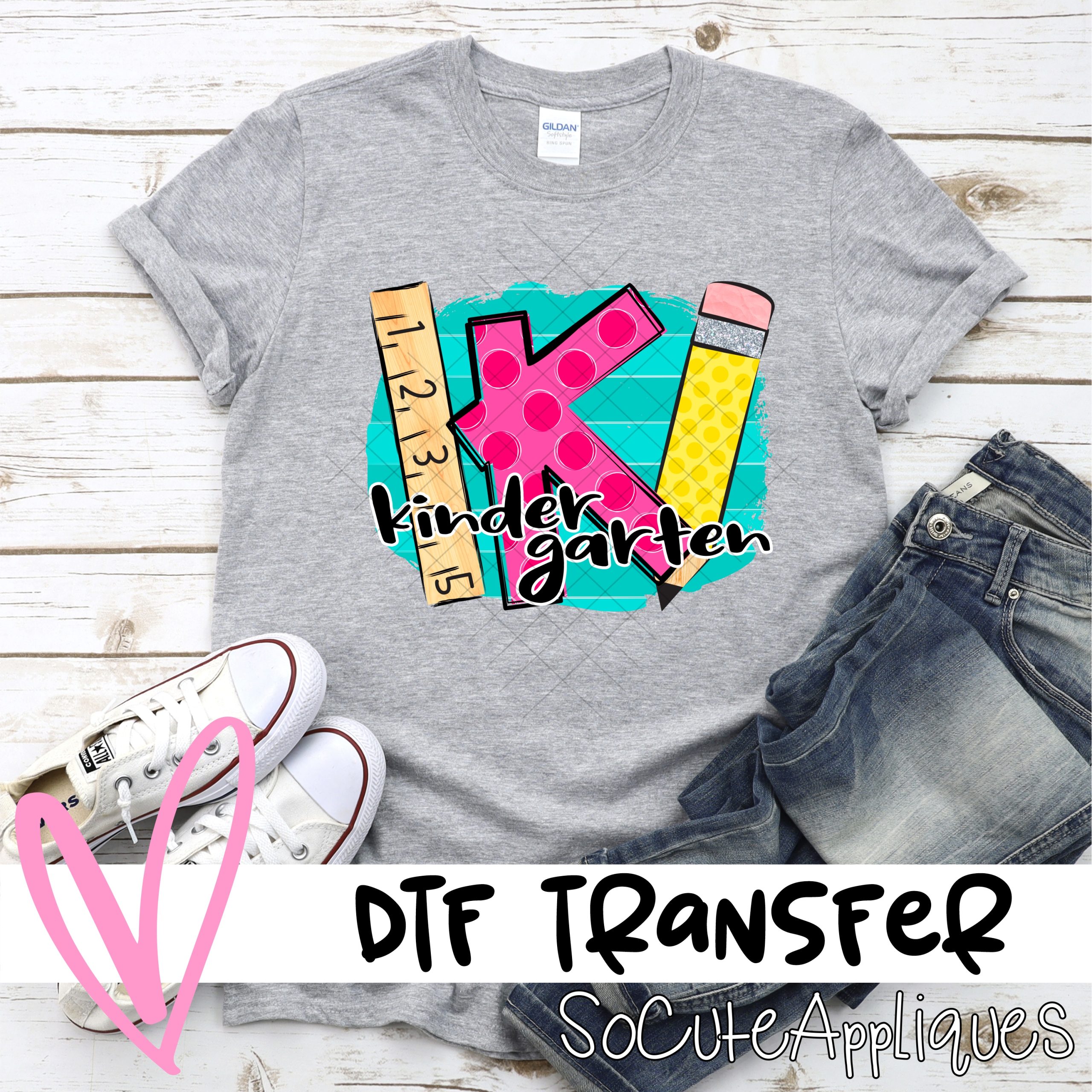 Kindergarten polka dot letter on blue stripe with pencil and ruler *DTF* Transfer