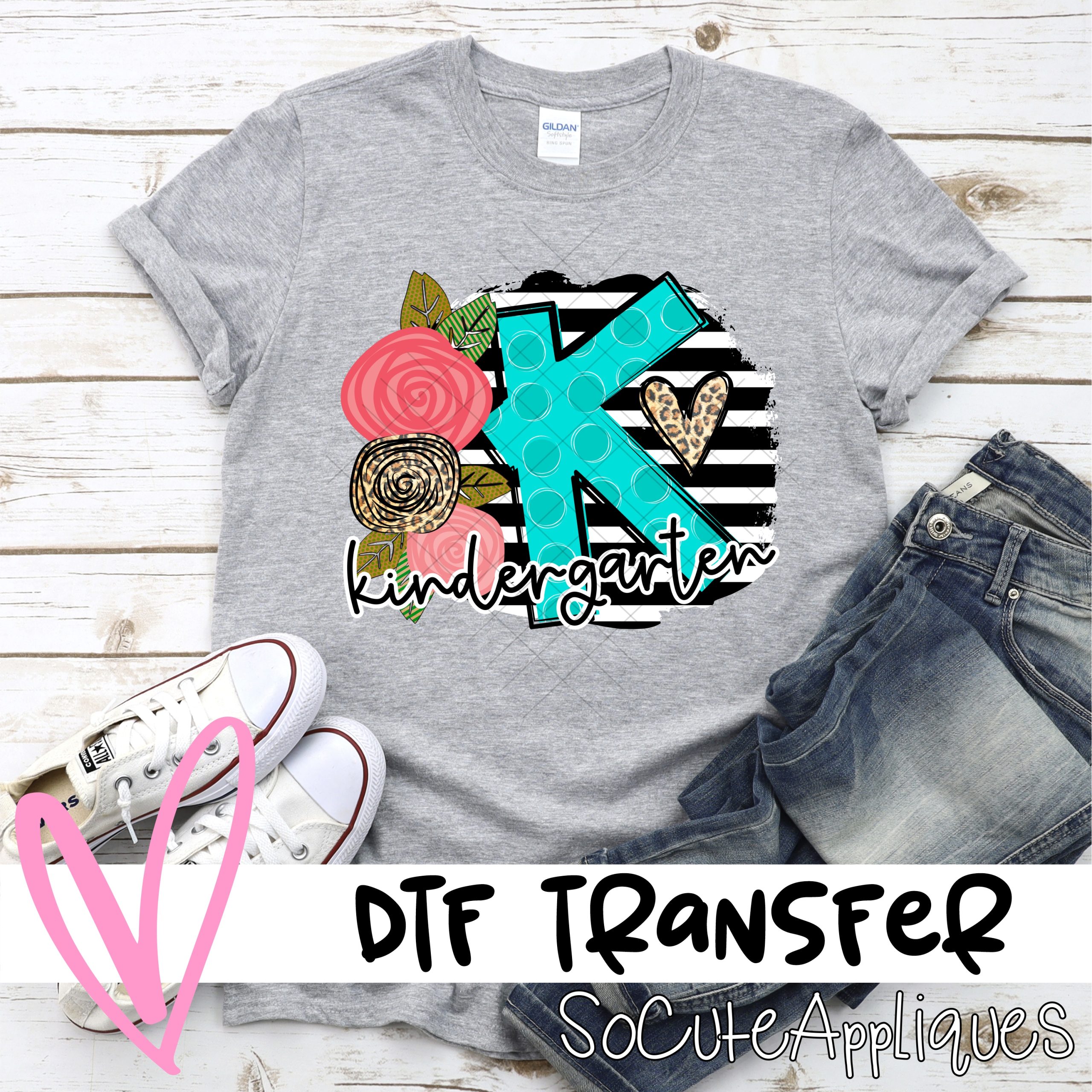 Kindergarten polka dot letter with roses on black stripe *DTF* Transfer