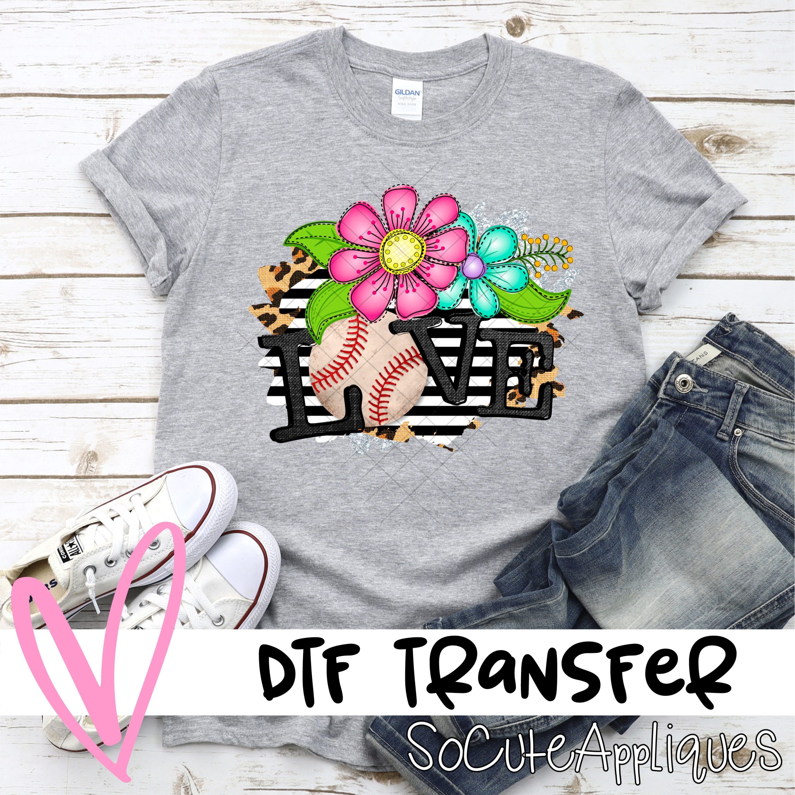 Love baseball bright flowers on stripes *DTF* Transfer