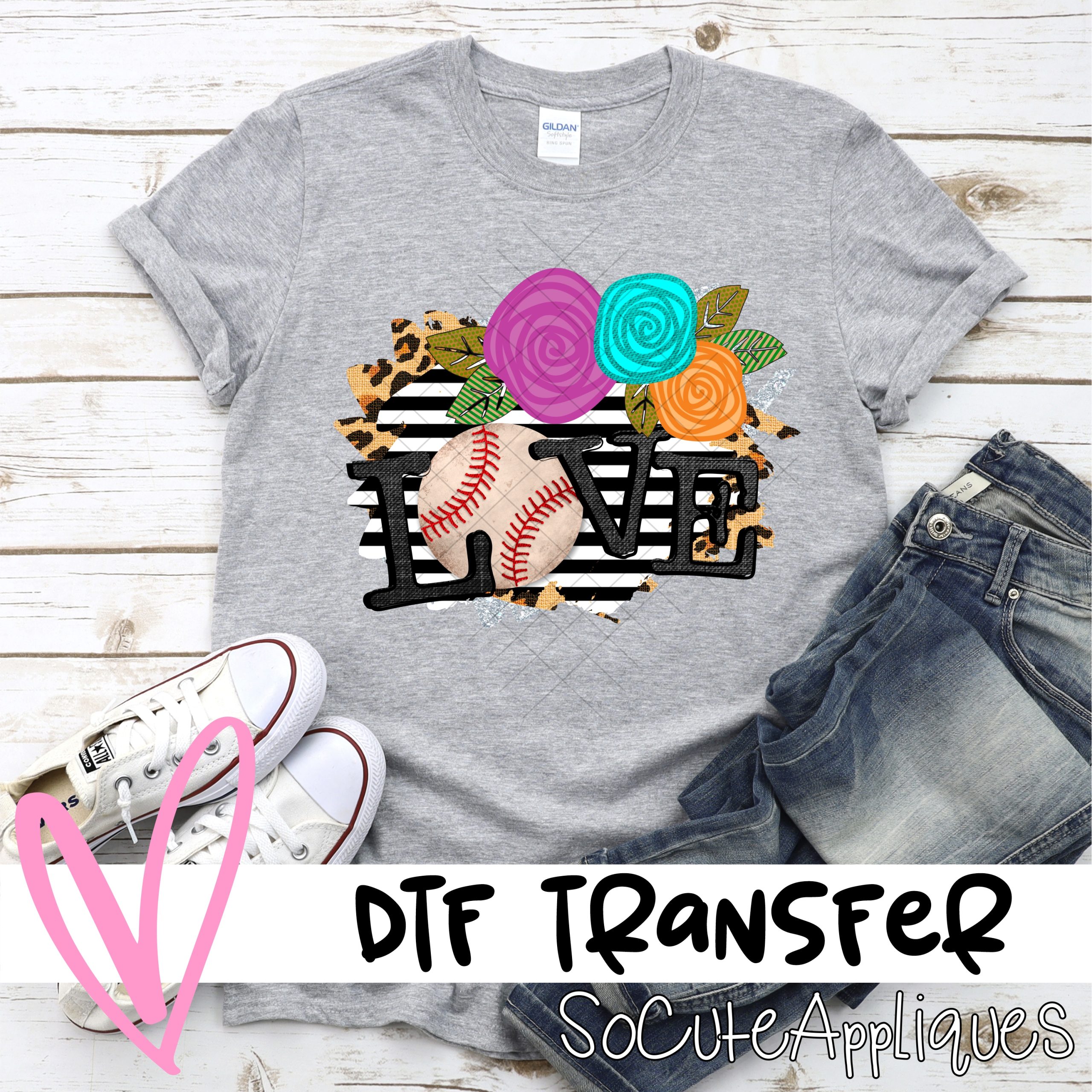 Love baseball flowers on stripes *DTF* Transfer