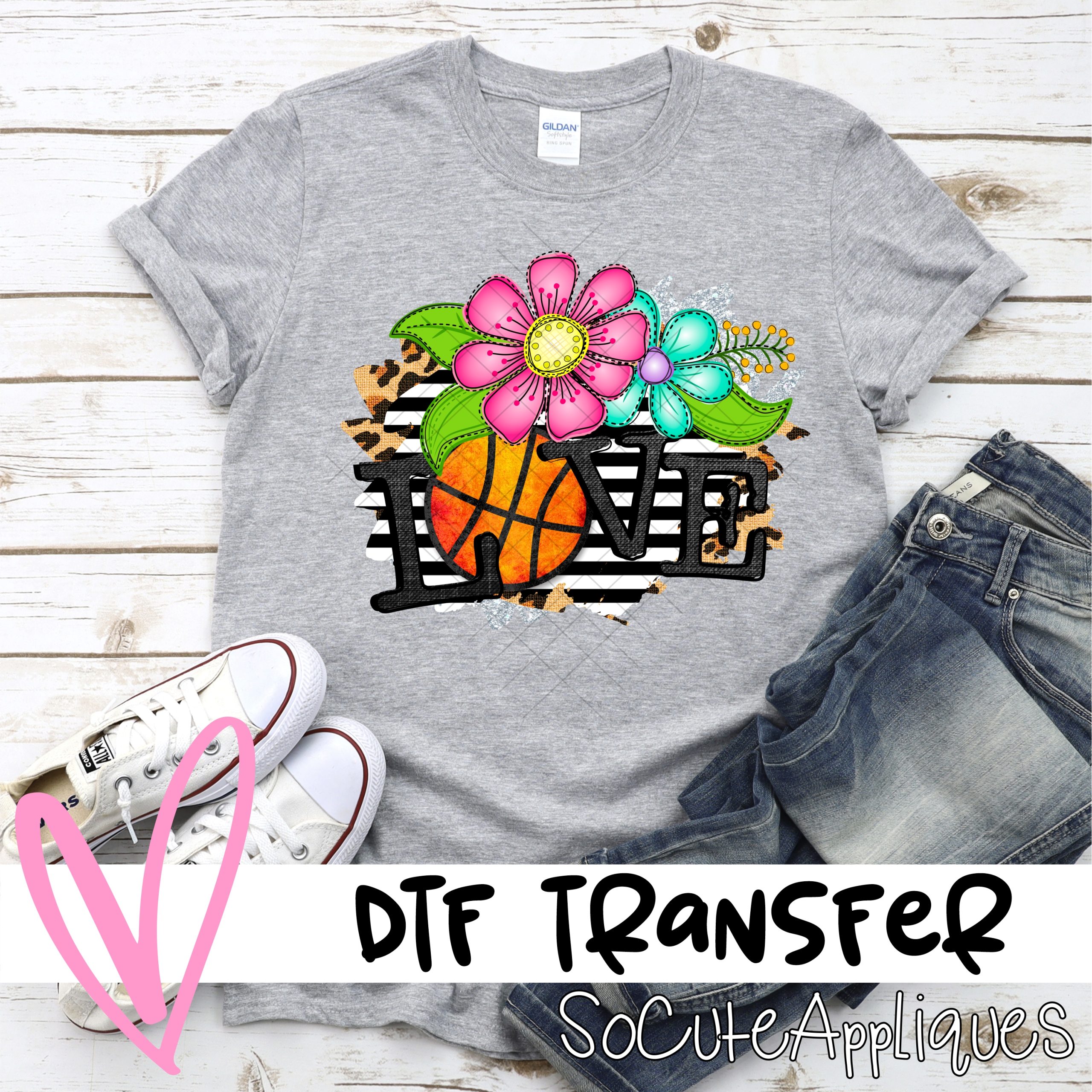 Love basketball bright flowers on stripes *DTF* Transfer