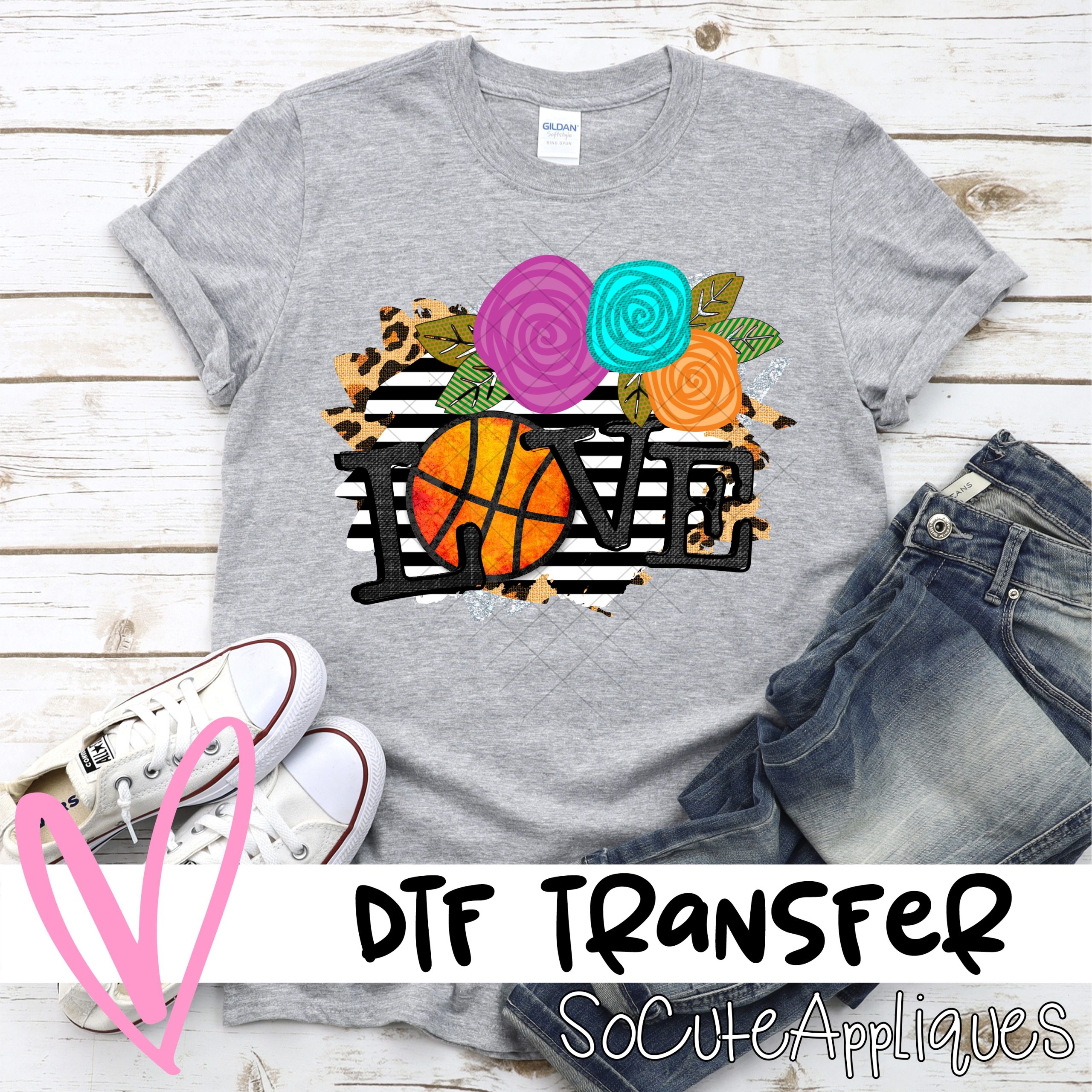 Love basketball flowers on stripes *DTF* Transfer
