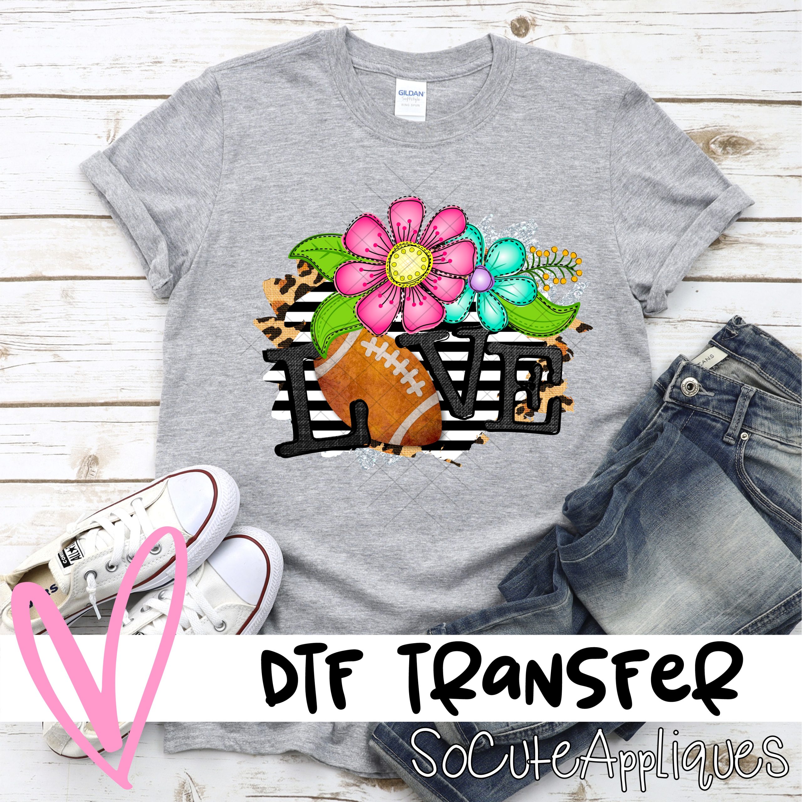 Love football bright flowers on stripes *DTF* Transfer