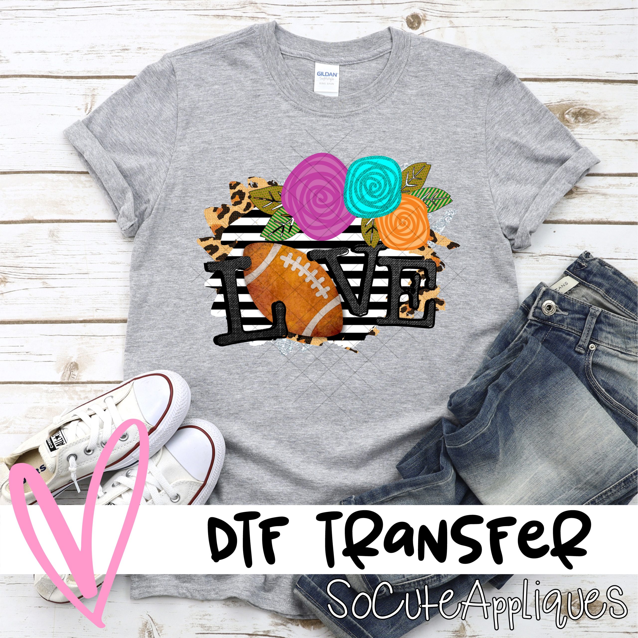 Love football flowers on stripes *DTF* Transfer