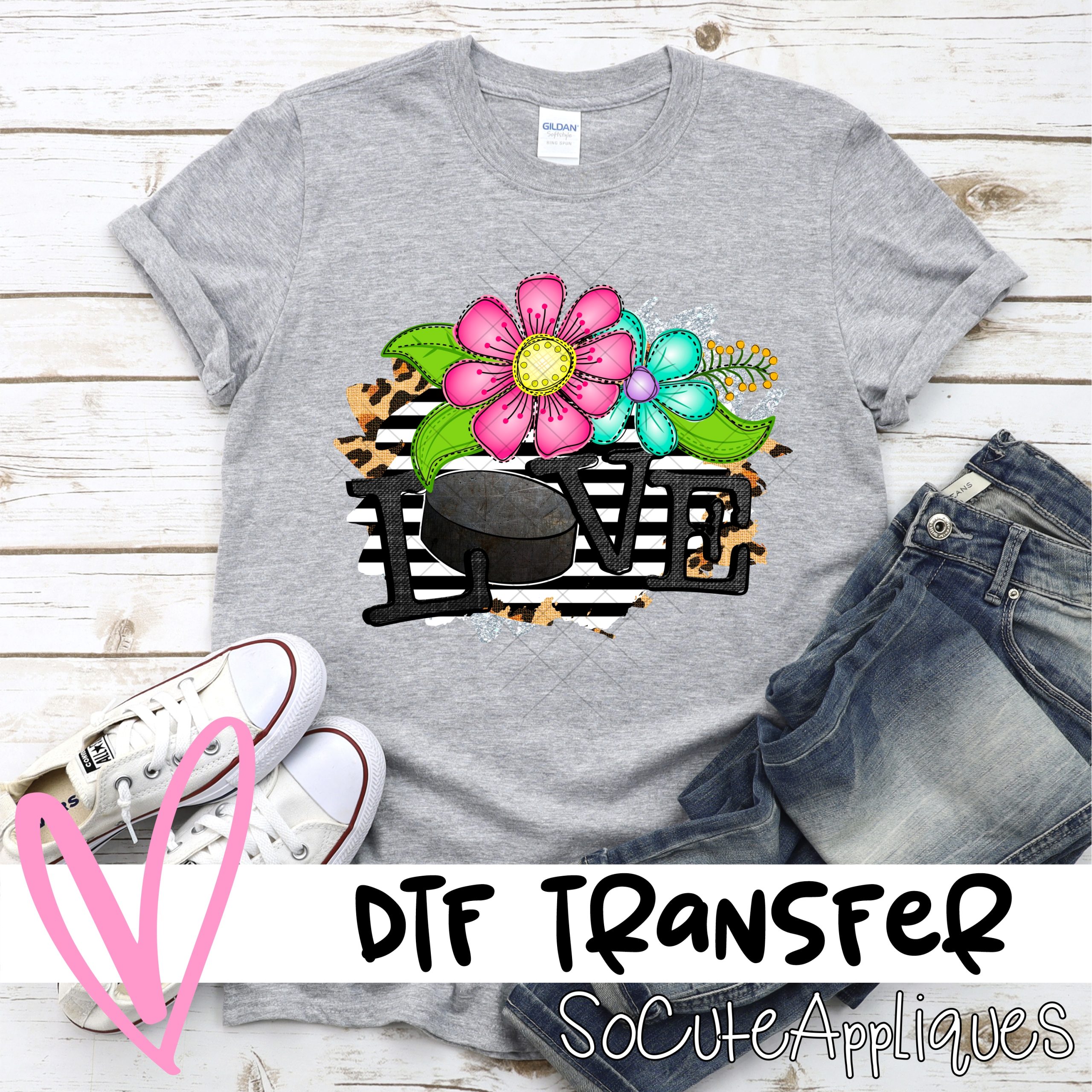 Love hockey bright flowers on stripes *DTF* Transfer