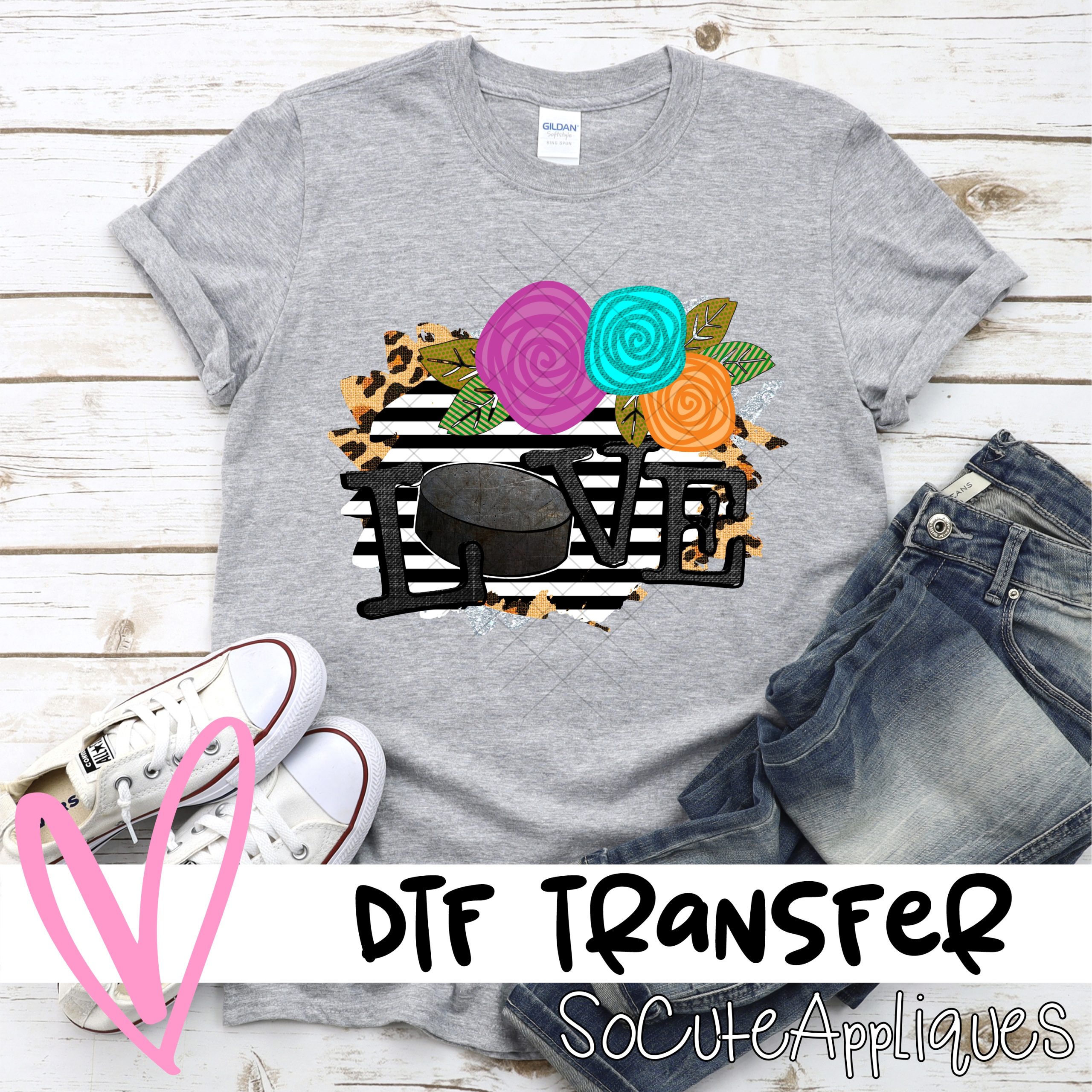 Love hockey flowers on stripes *DTF* Transfer