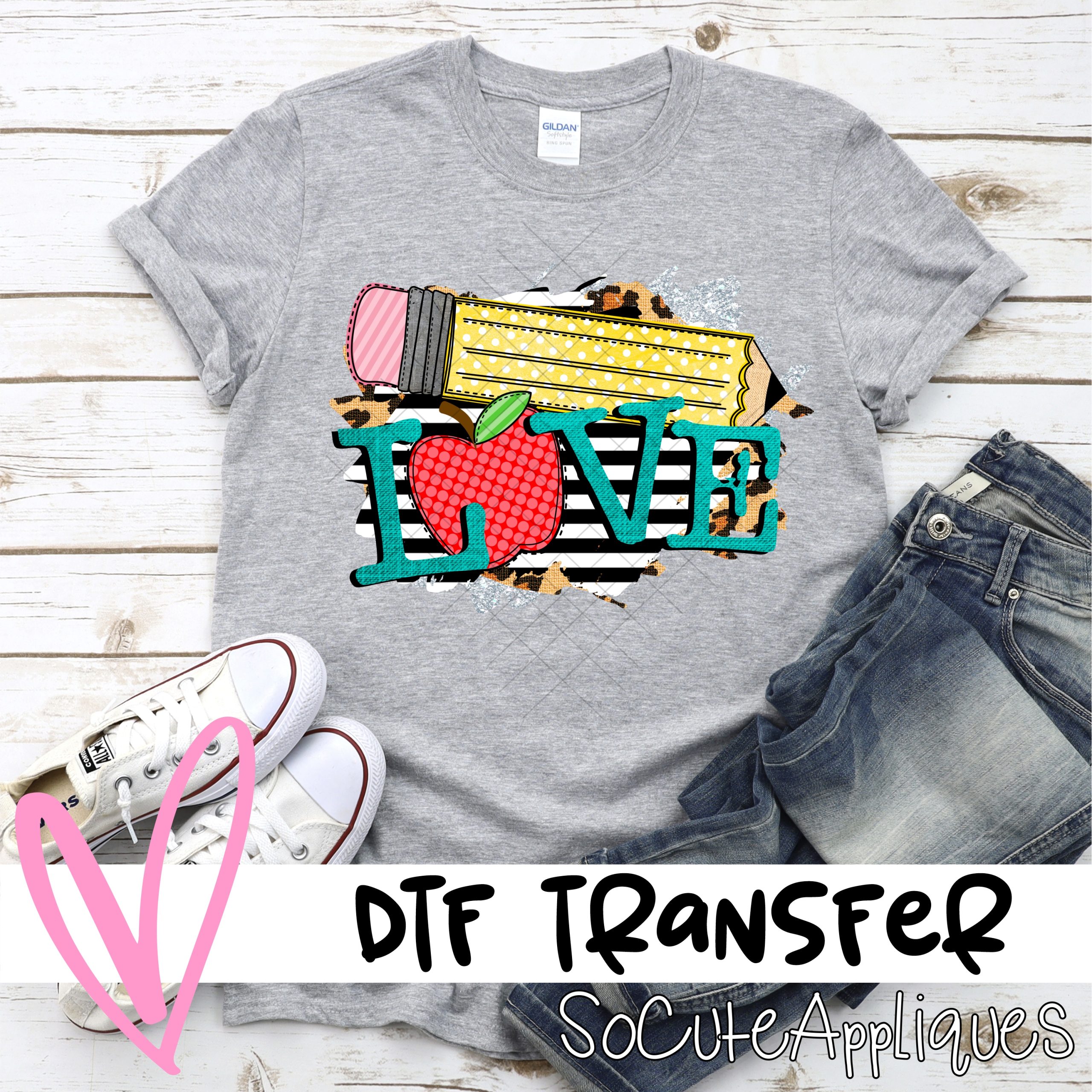 Love pencil apple on stripes *DTF* Transfer