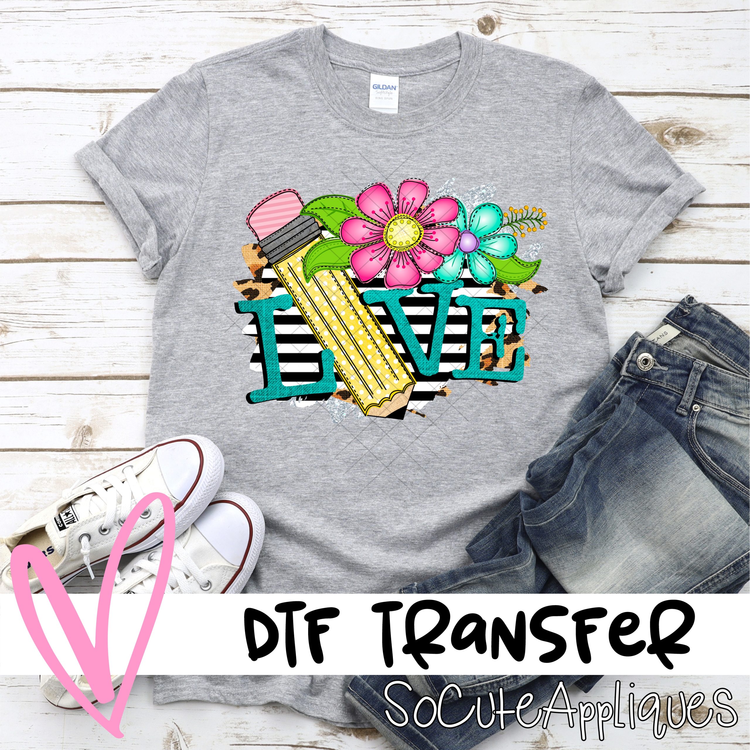 Love pencil bright flowers on stripes *DTF* Transfer