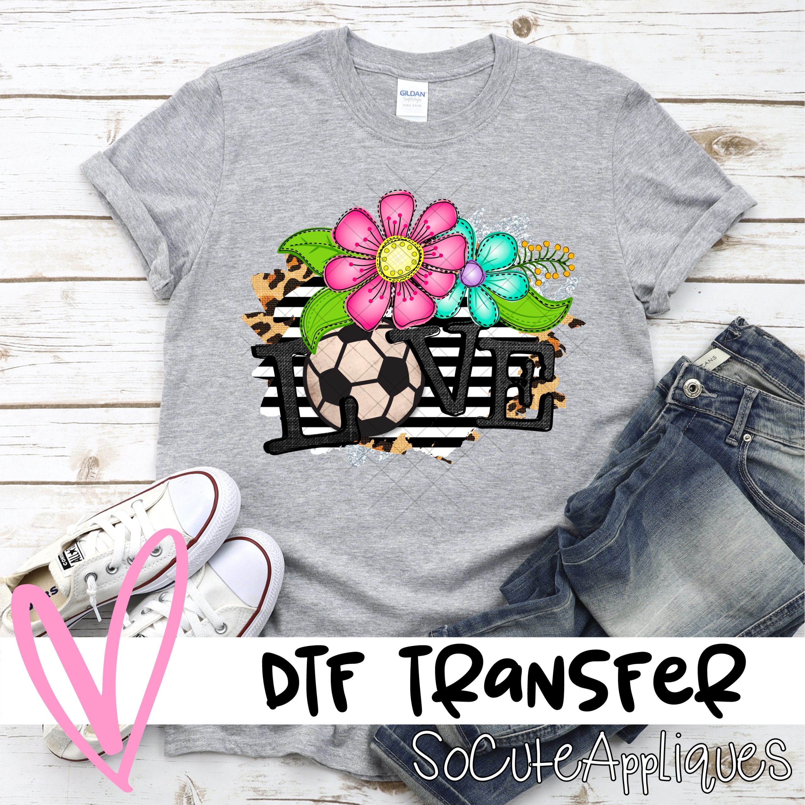 Love soccer bright flowers on stripes *DTF* Transfer