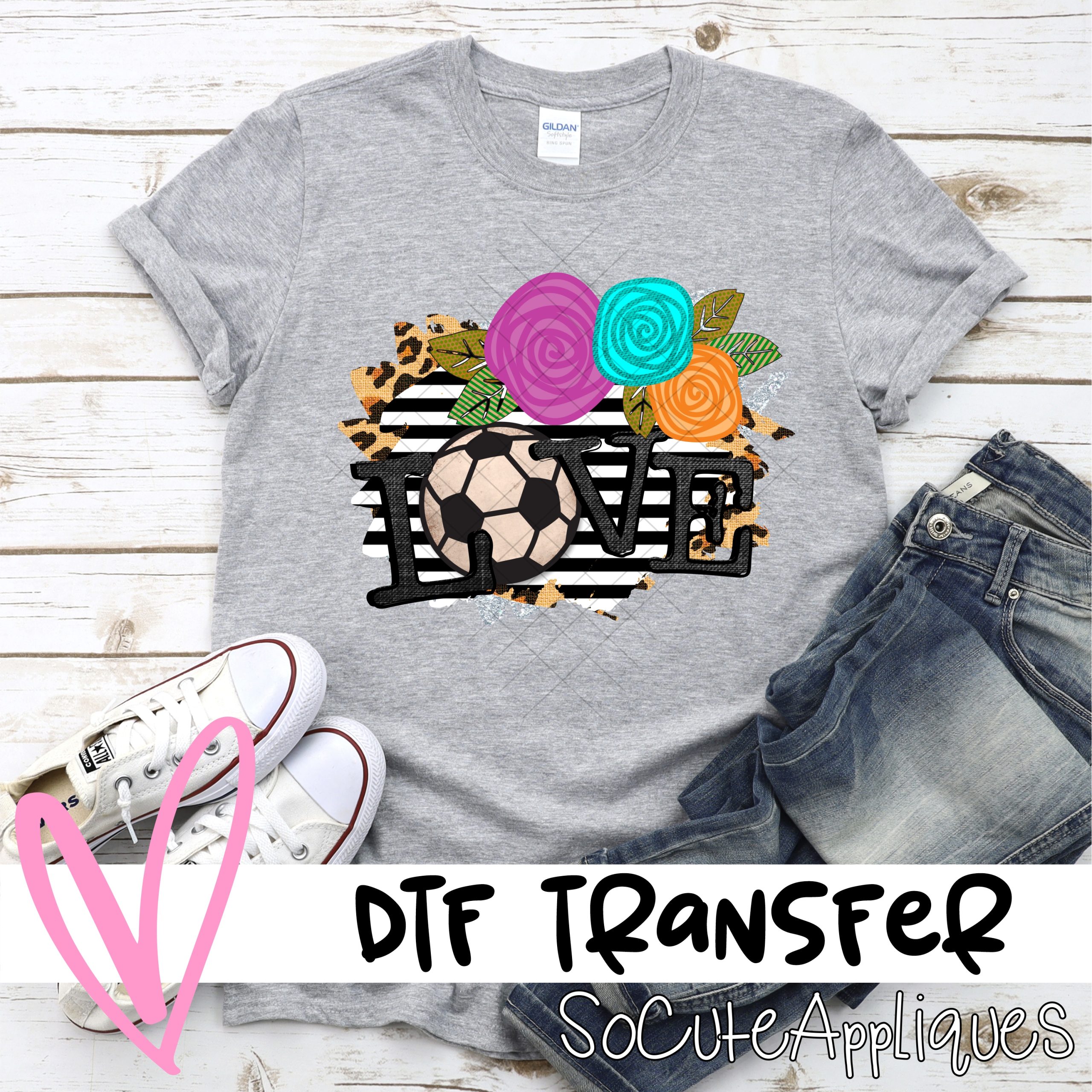 Love soccer flowers on stripes *DTF* Transfer