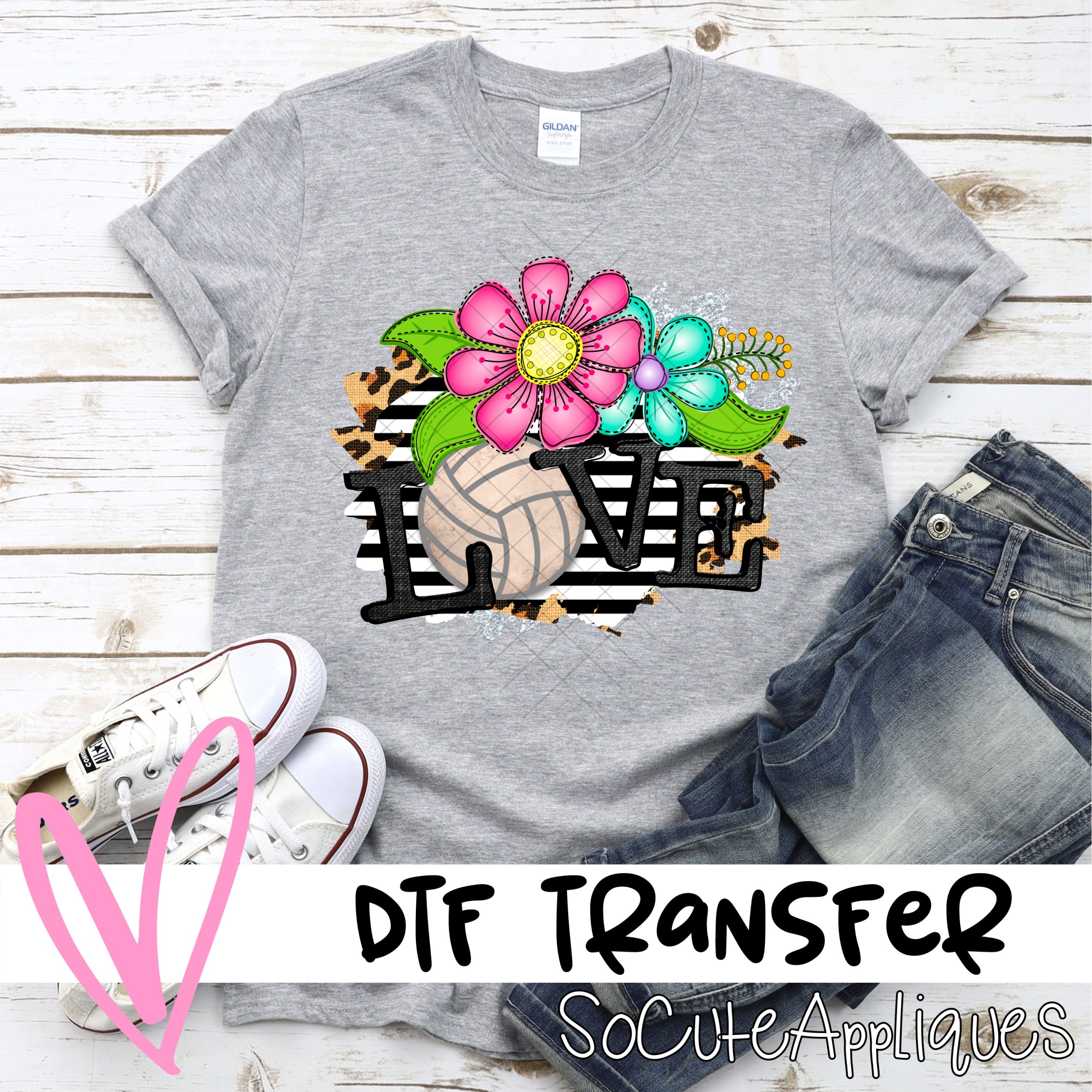 Love volleyball bright flowers on stripes *DTF* Transfer