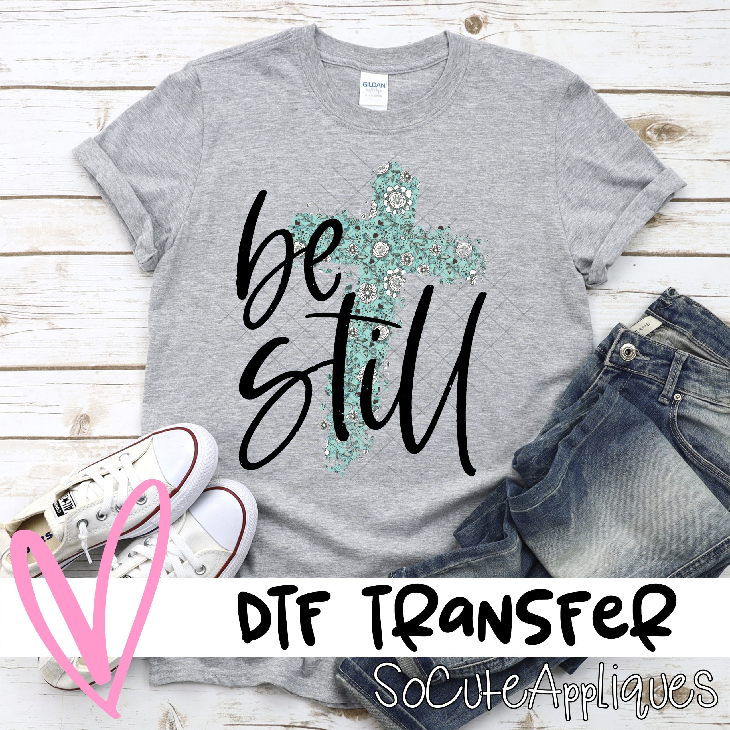 Be still teal flower cross  *DTF* Transfer