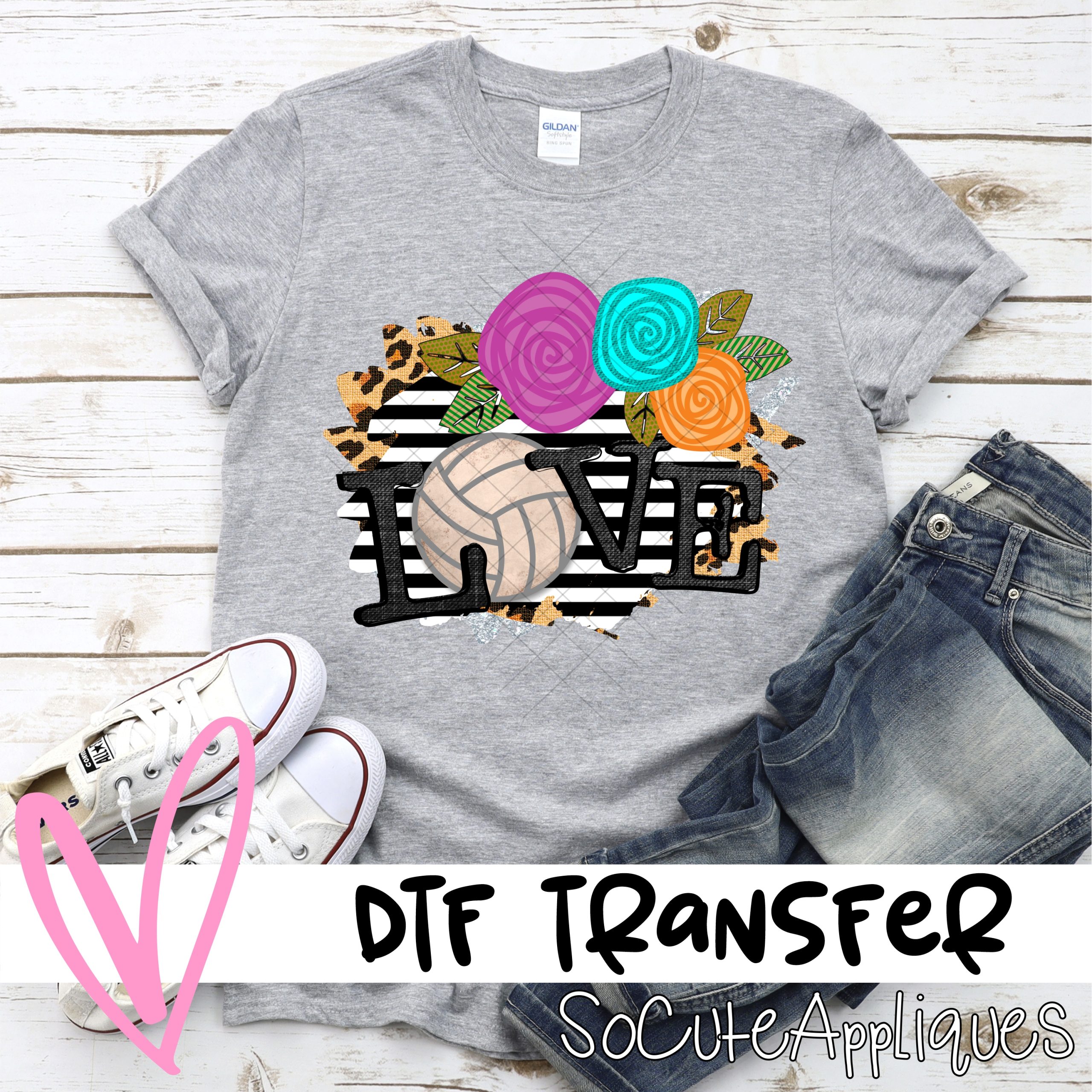 Love volleyball flowers on stripes *DTF* Transfer
