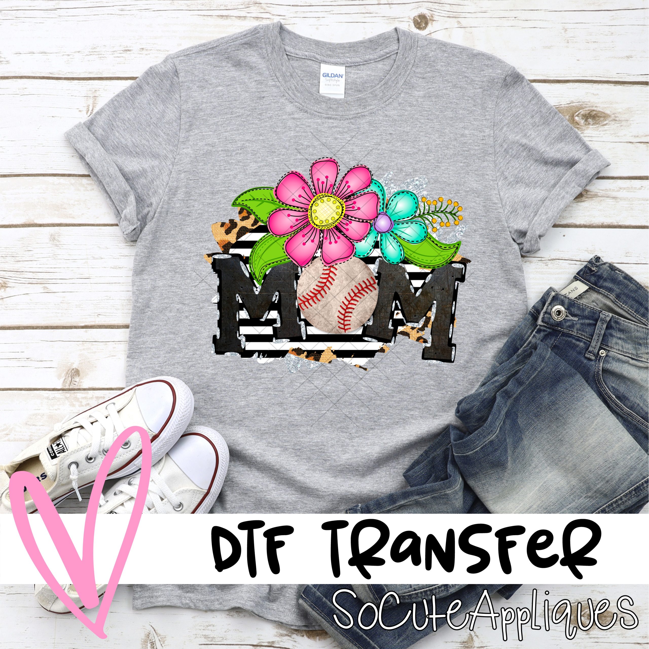 Mom baseball bright flowers on stripes *DTF* Transfer
