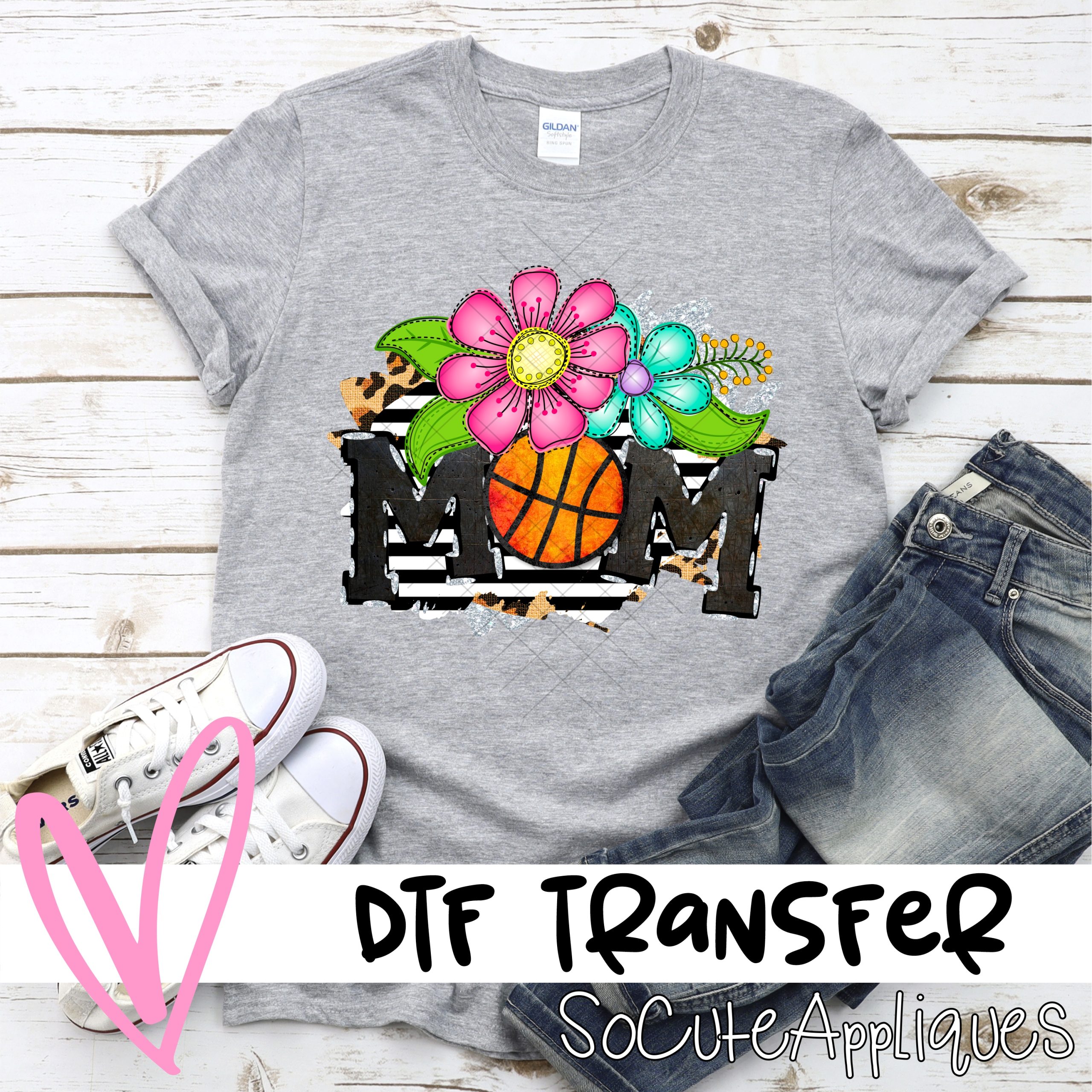 Mom basketball bright flowers on stripes *DTF* Transfer