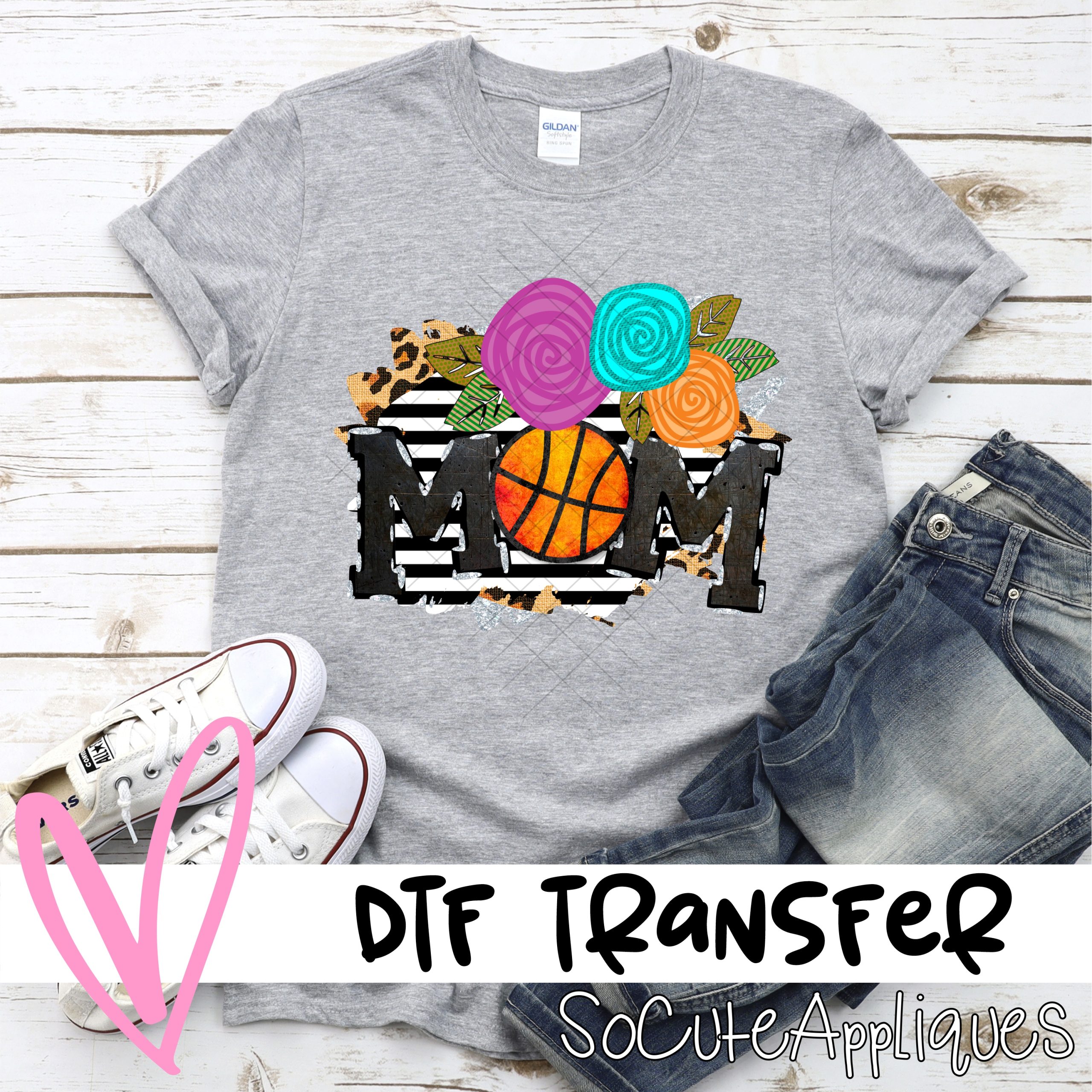 Mom basketball flowers on stripes *DTF* Transfer