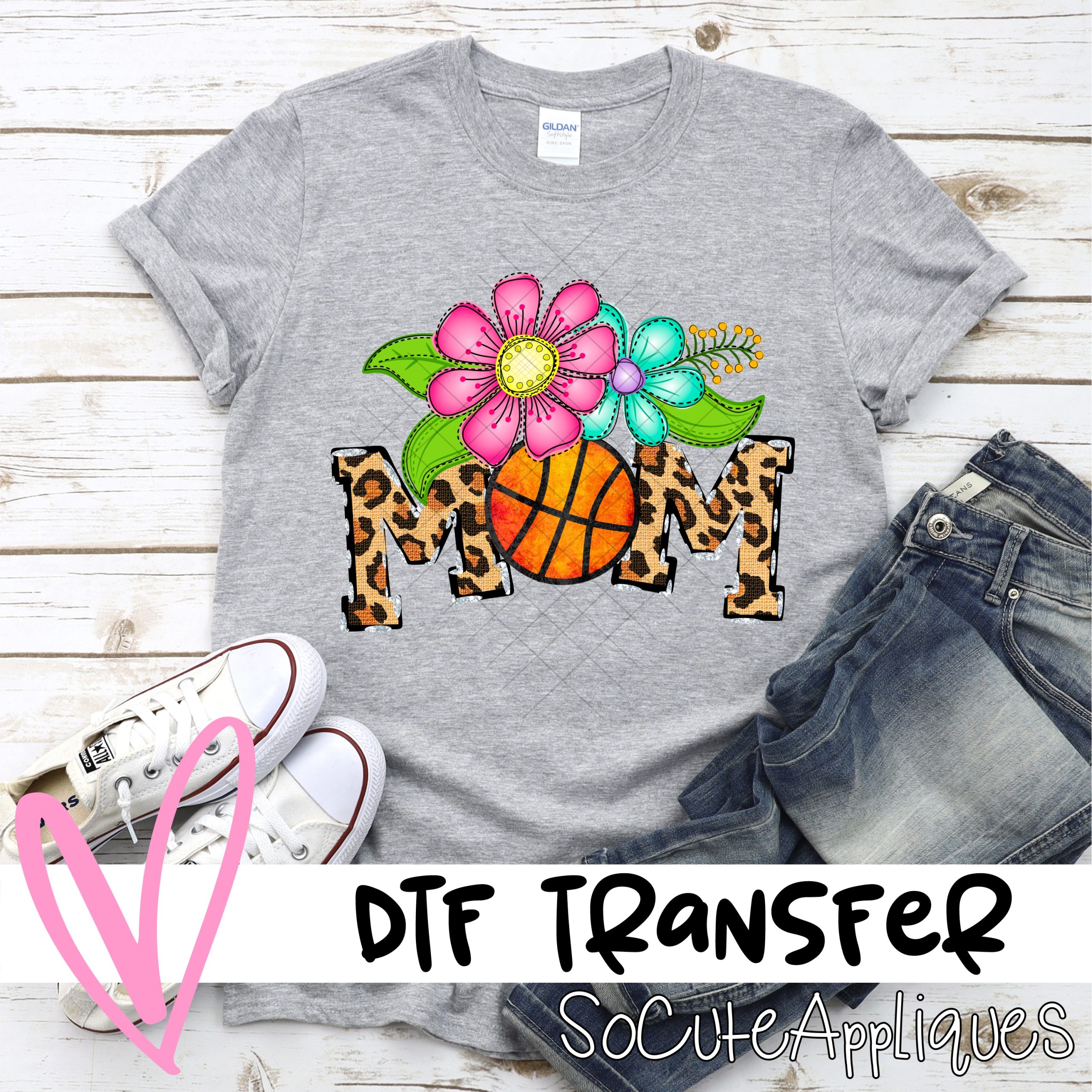 Mom basketball O bright flowers leopard *DTF* Transfer