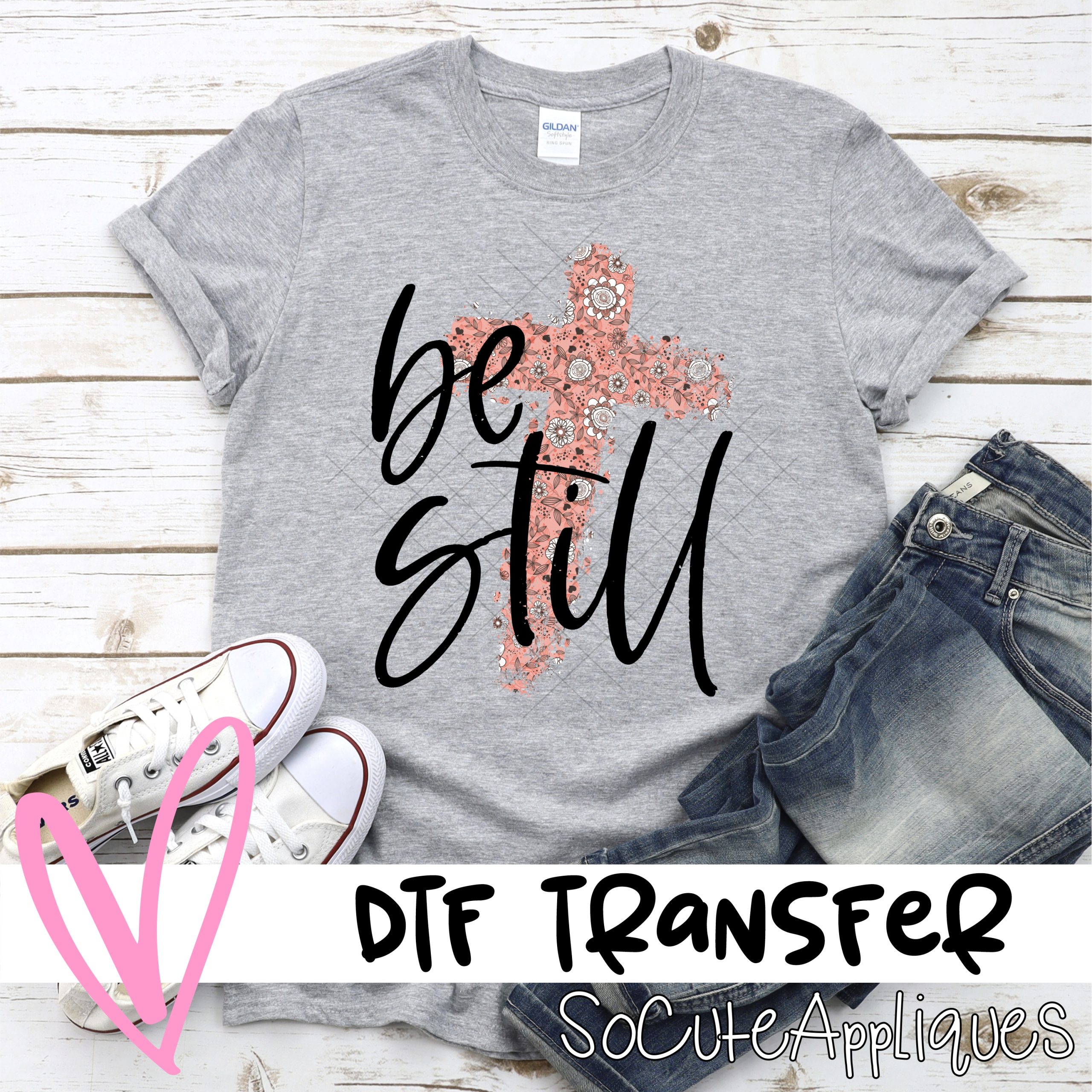 Be still coral flower cross  *DTF* Transfer