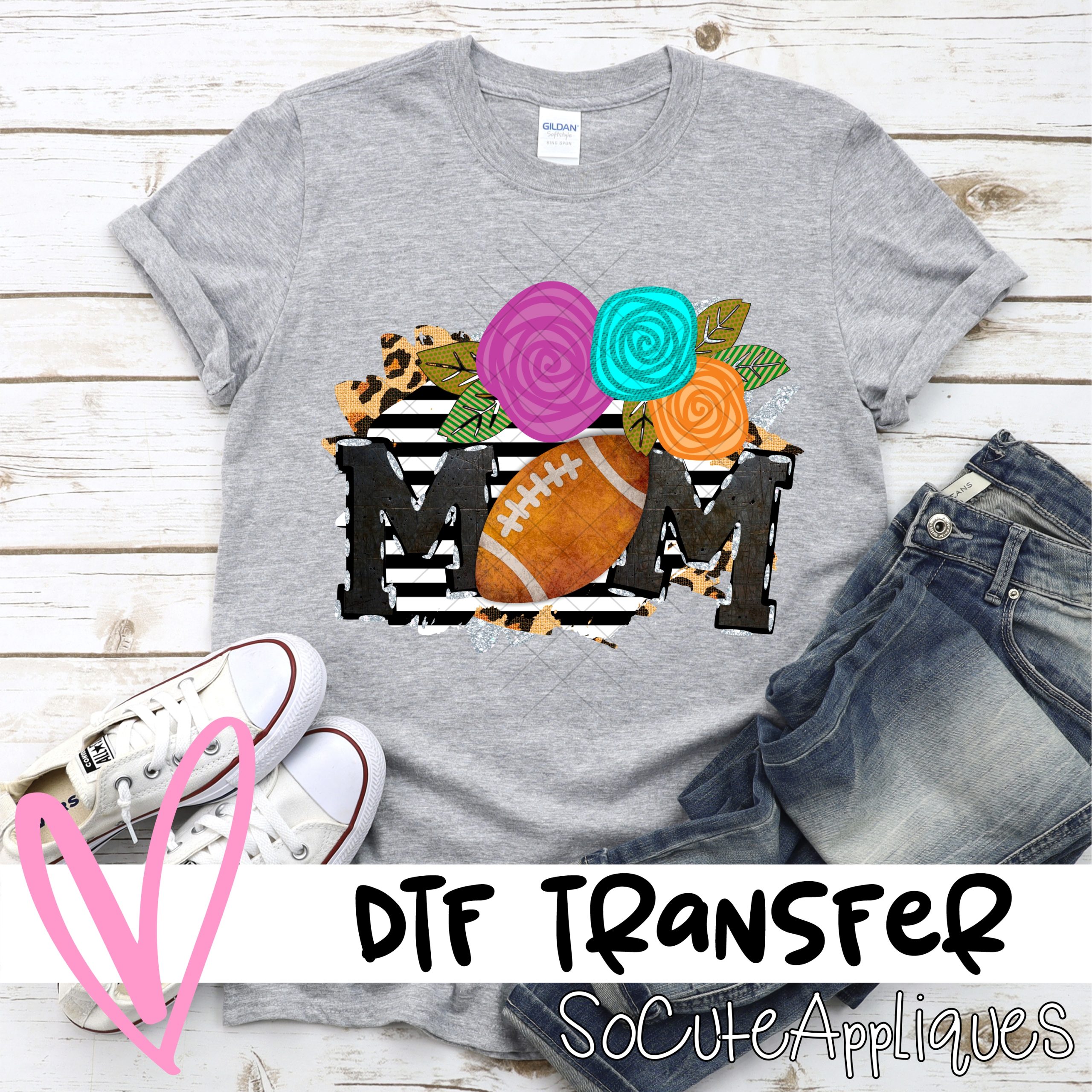 Mom football flowers on stripes *DTF* Transfer