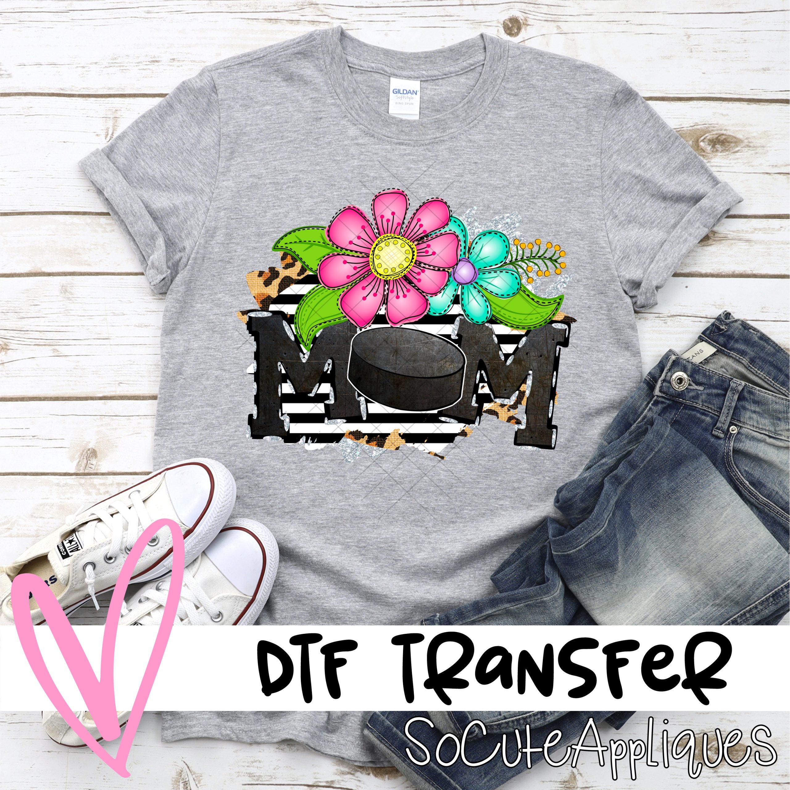 Mom hockey bright flowers on stripes *DTF* Transfer