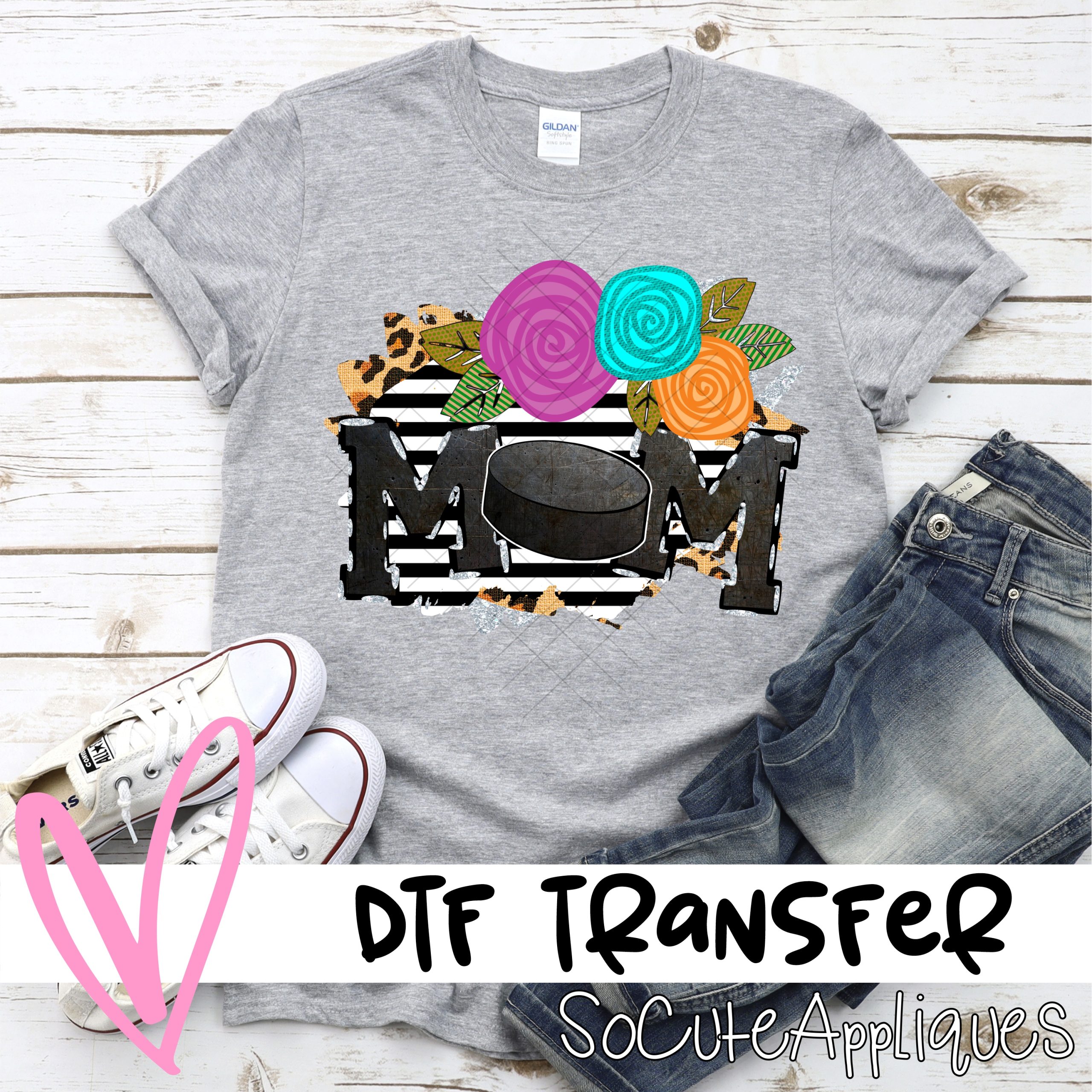 Mom hockey flowers on stripes *DTF* Transfer